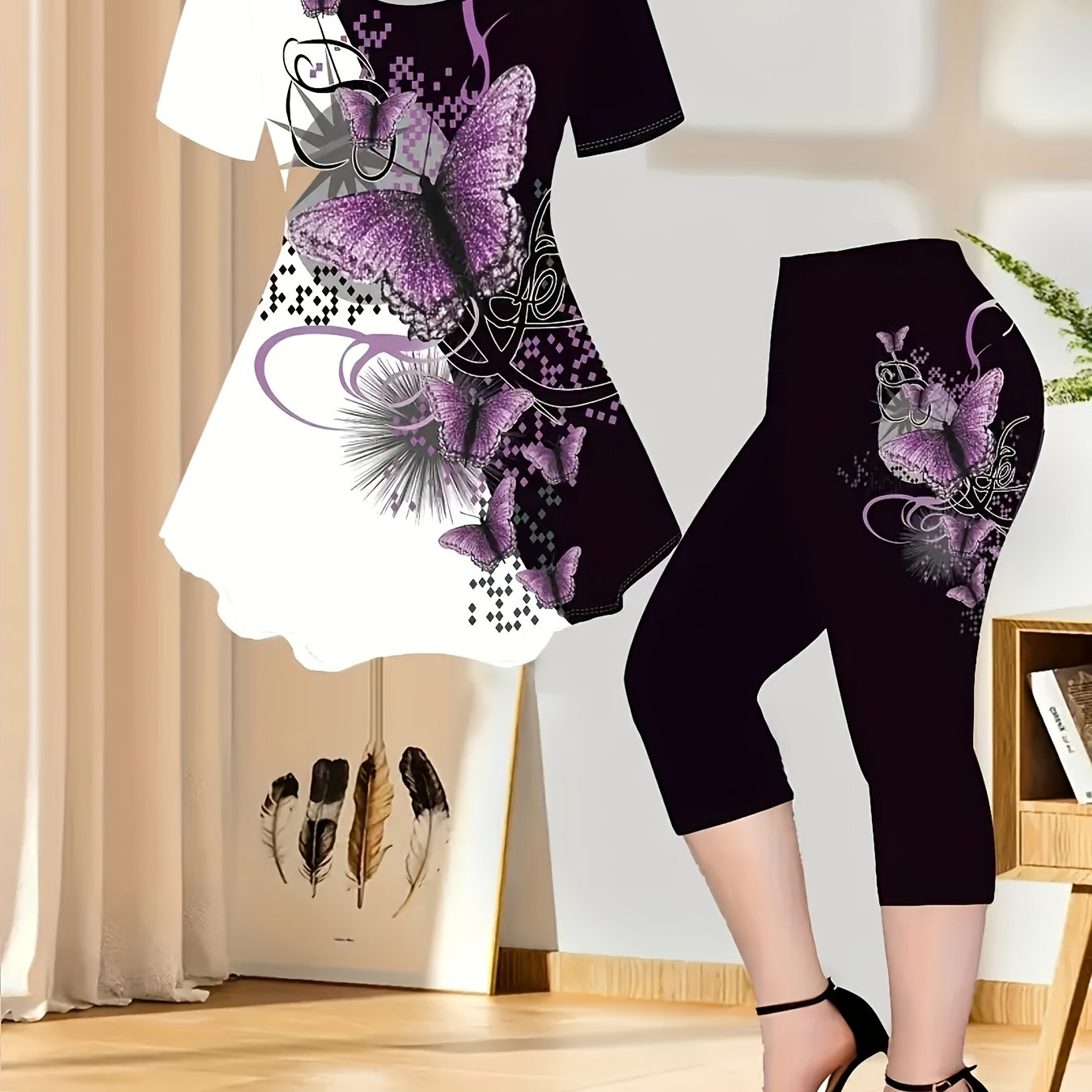 E-shop Damen T-Shirt und Hose 2-teiliges Set, neuer Frühlings- und Sommerstil, mit einem Schmetterling-Farbblock-Muster aus bequemem, dehnbarem Stoff,