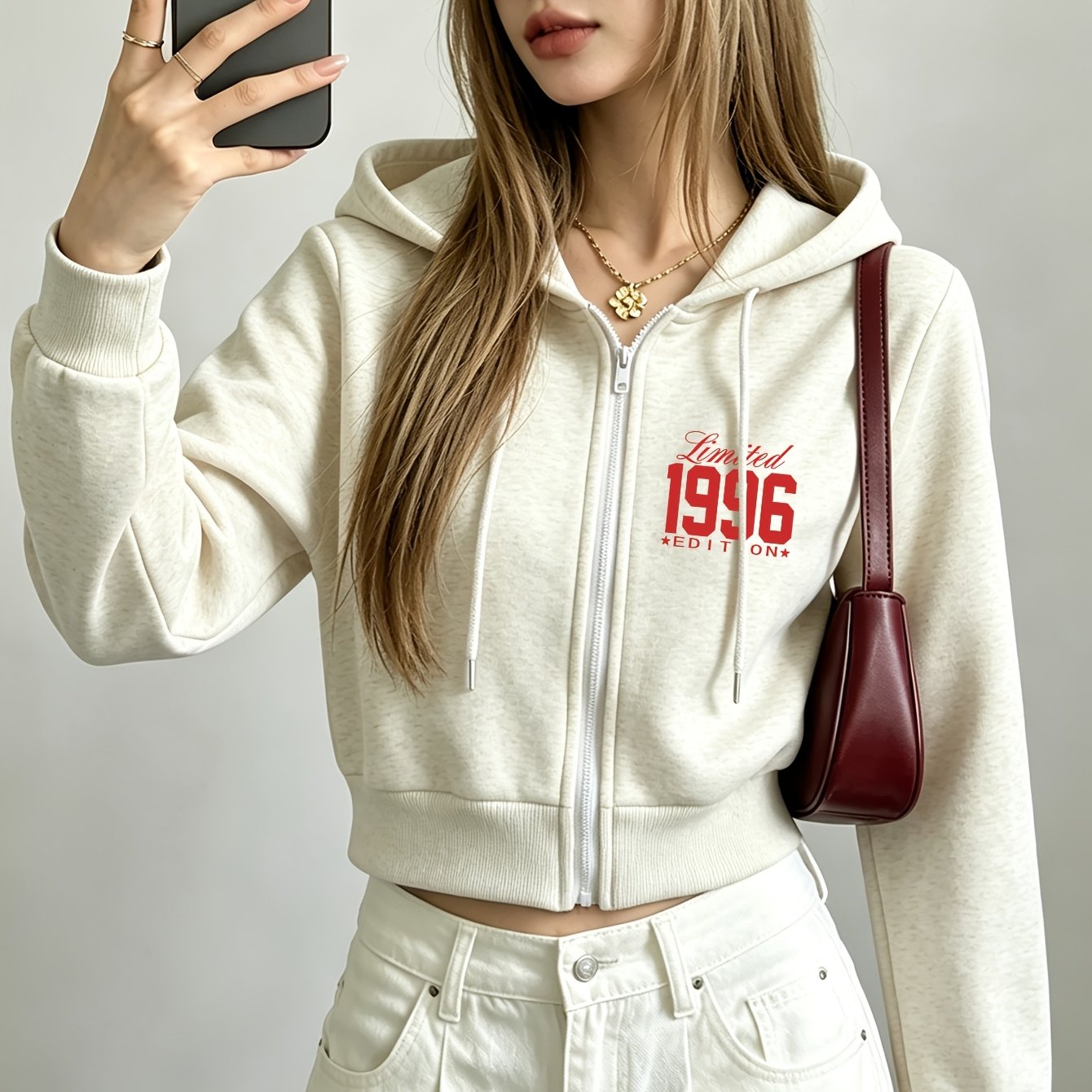 TEMU [1pc] Hooded Sweatshirt Women's Short Zipper Cardigan Jacket, Western Spicy Street Versatile Long Sleeve Top, 1996 Edition Print