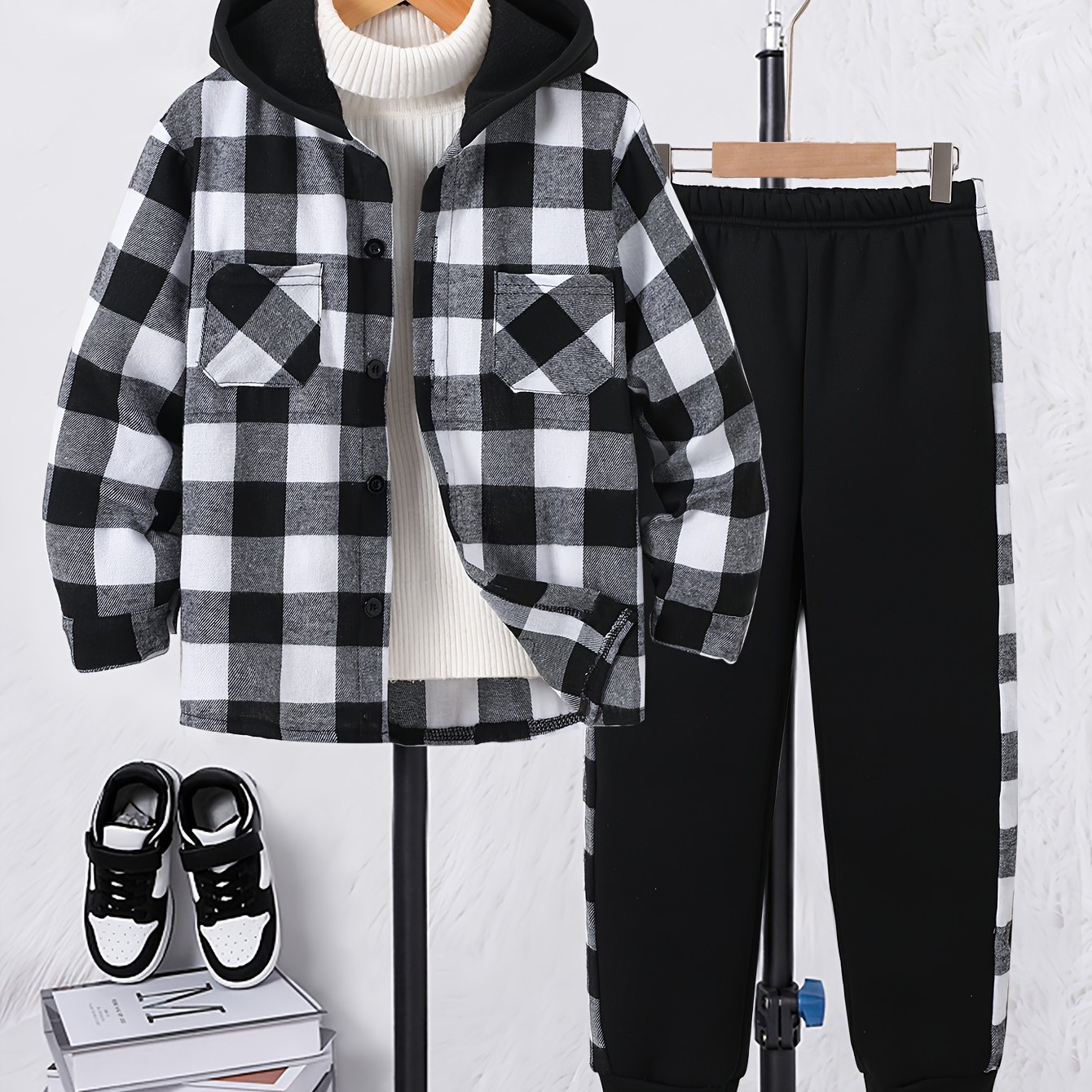 2pcs Set Of Boys' Plaid Button-up Hoodie And Athletic Pants, Autumn/winter Wear, Suitable 7-15, For Outdoor