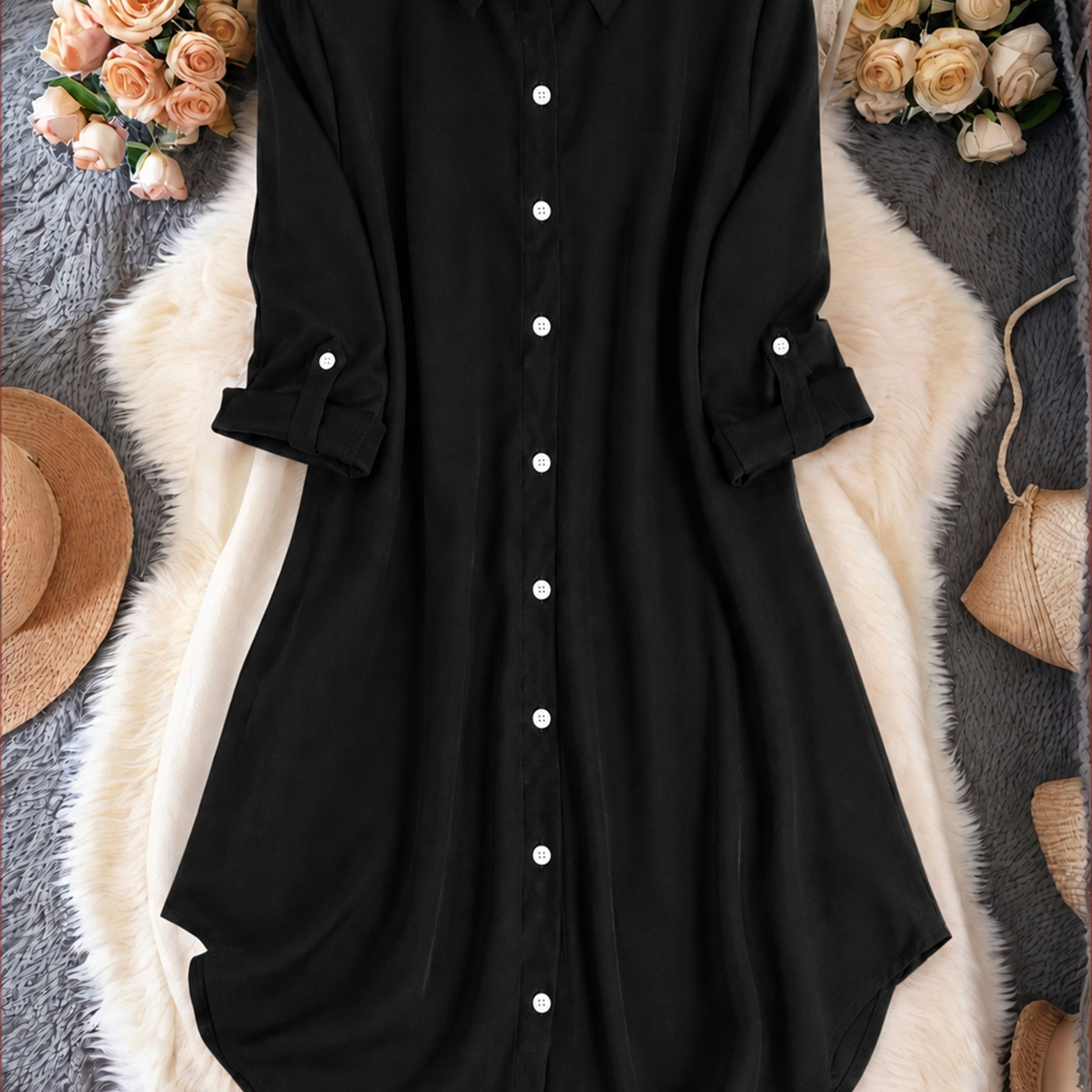 TEMU Four-season Women' Color Casual Versatile Lapel Mid-sleeve Shirt