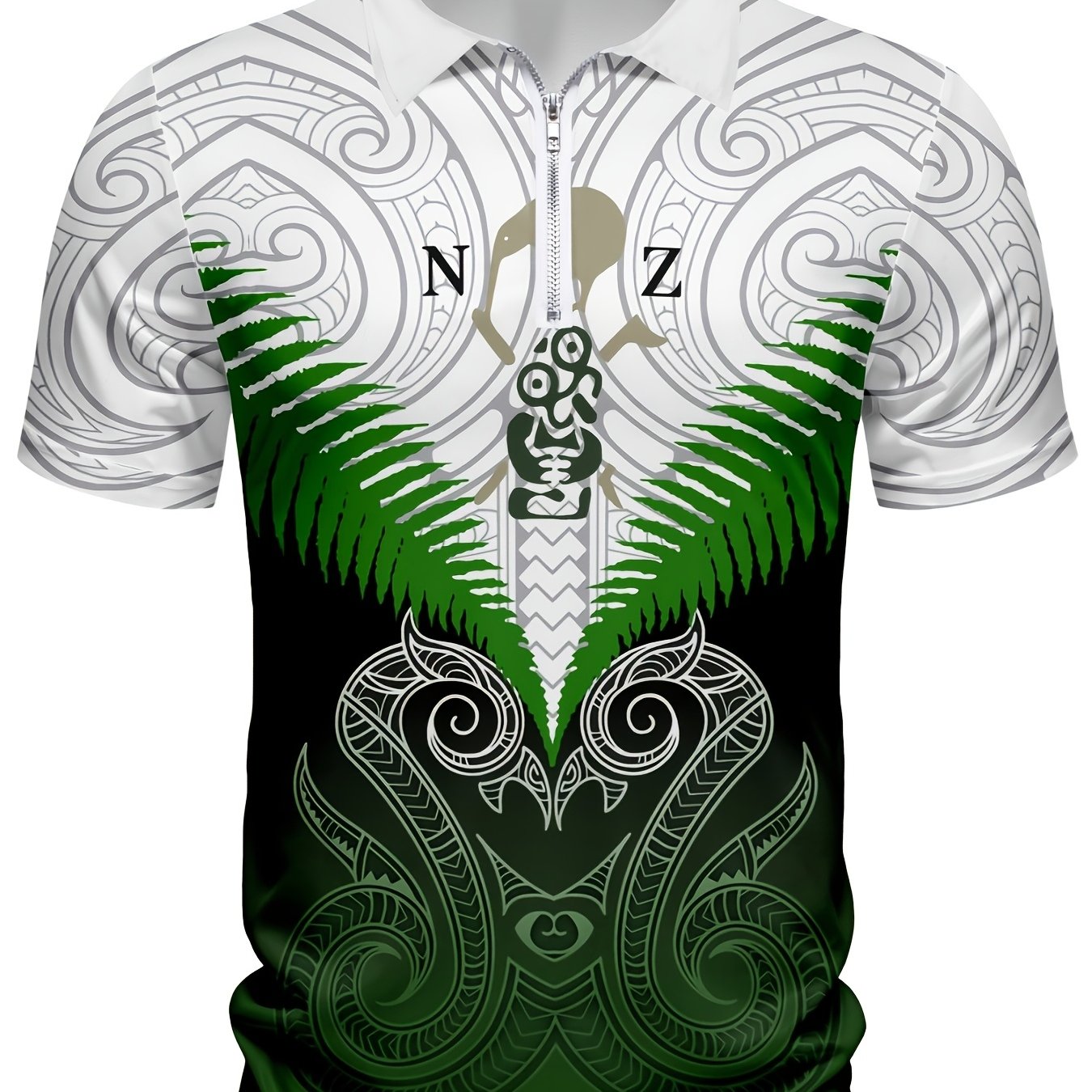 TEMU Men's Unique Geometric Pattern Shirt In New Zealand Style - Breathable, Zip Details, Short Sleeves - For Spring And Autumn