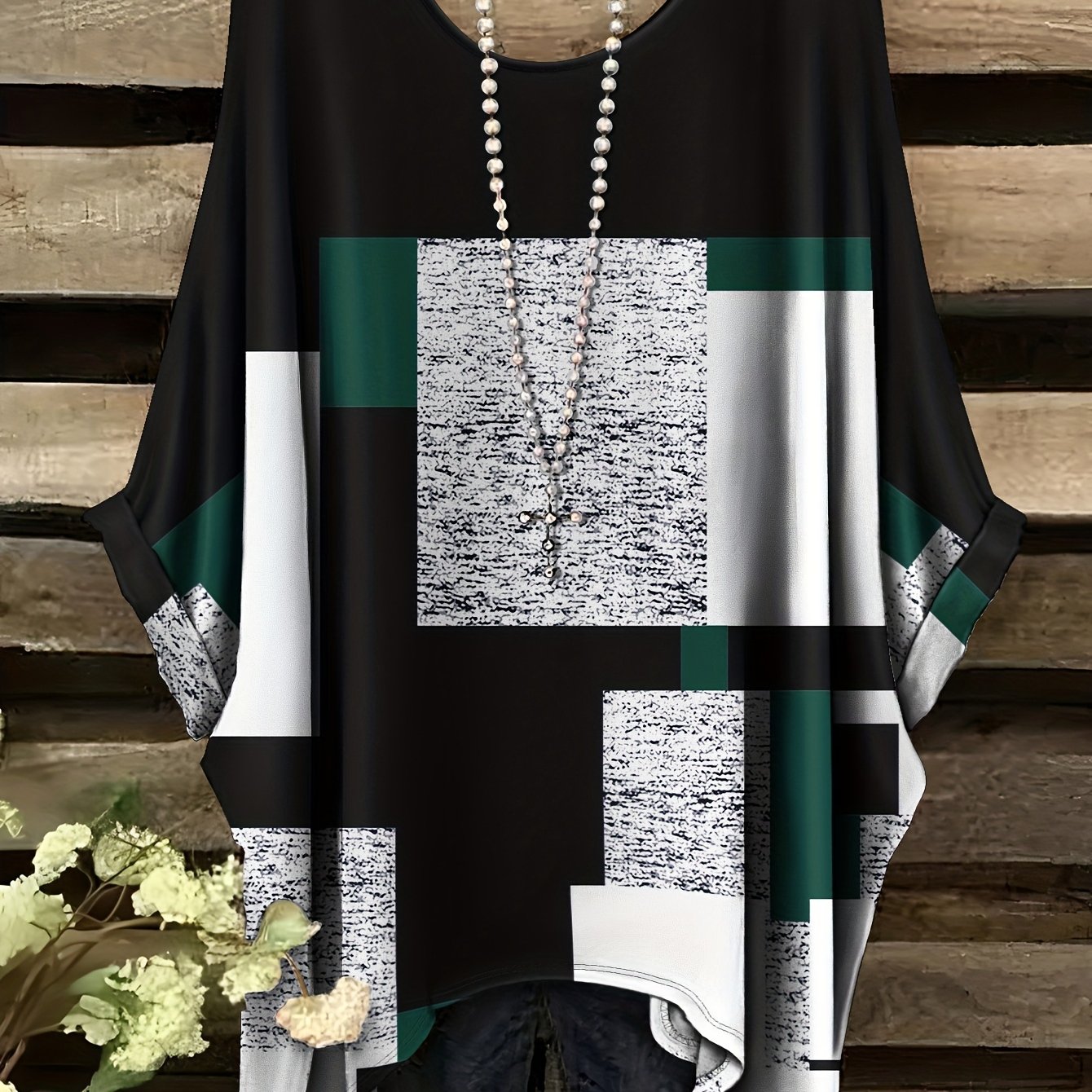 TEMU Plus Size, [printed Design - Not Textured]summer Fashion New Product: Plus-size Geometric Trendy Pattern Round-neck Printed T-shirt With Button