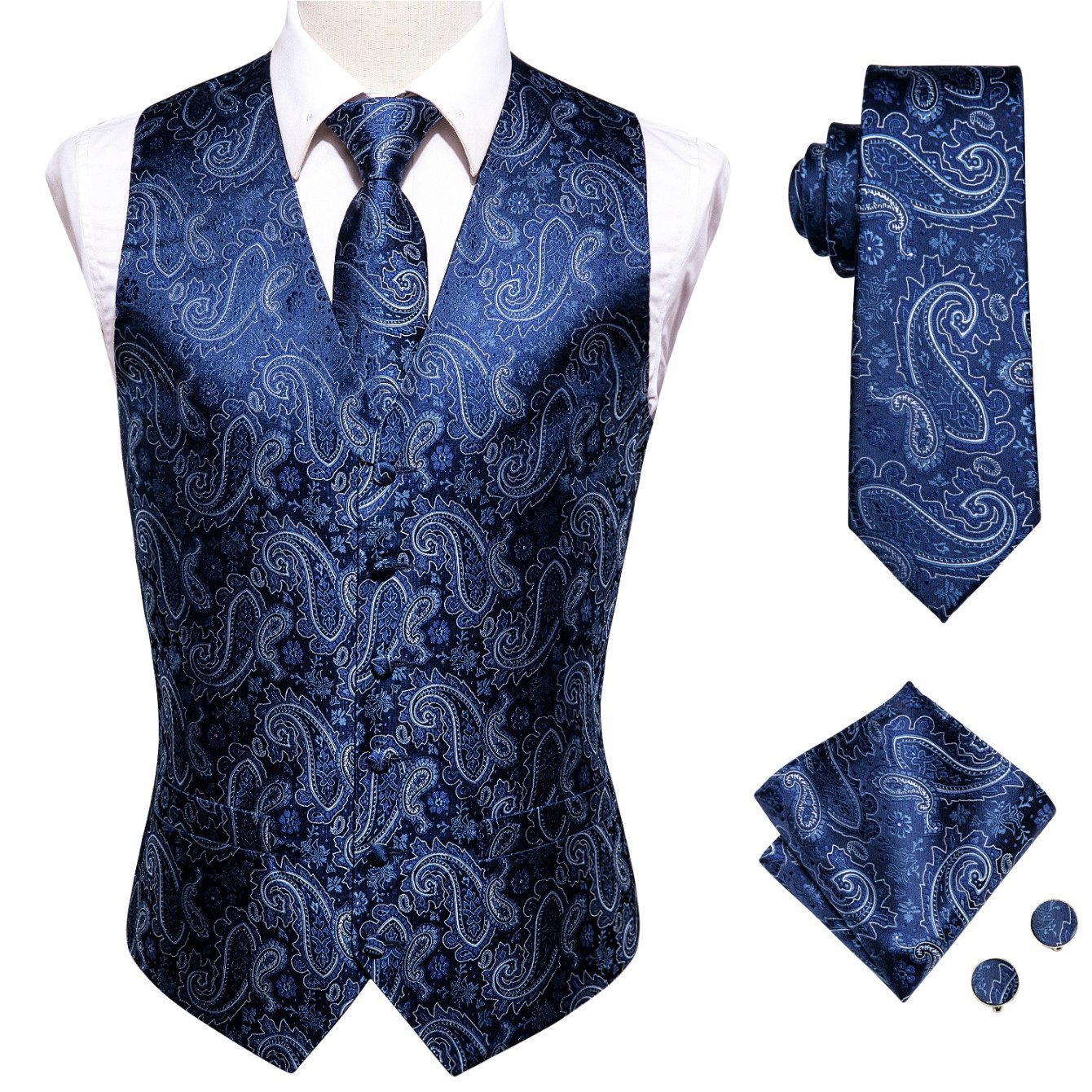 Image of Men's Royal Blue Paisley Jacquard Vest Set Slim Fit Sleeveless Vest With Tie Handkerchief Cufflinks Wedding Banquet Formal Wear