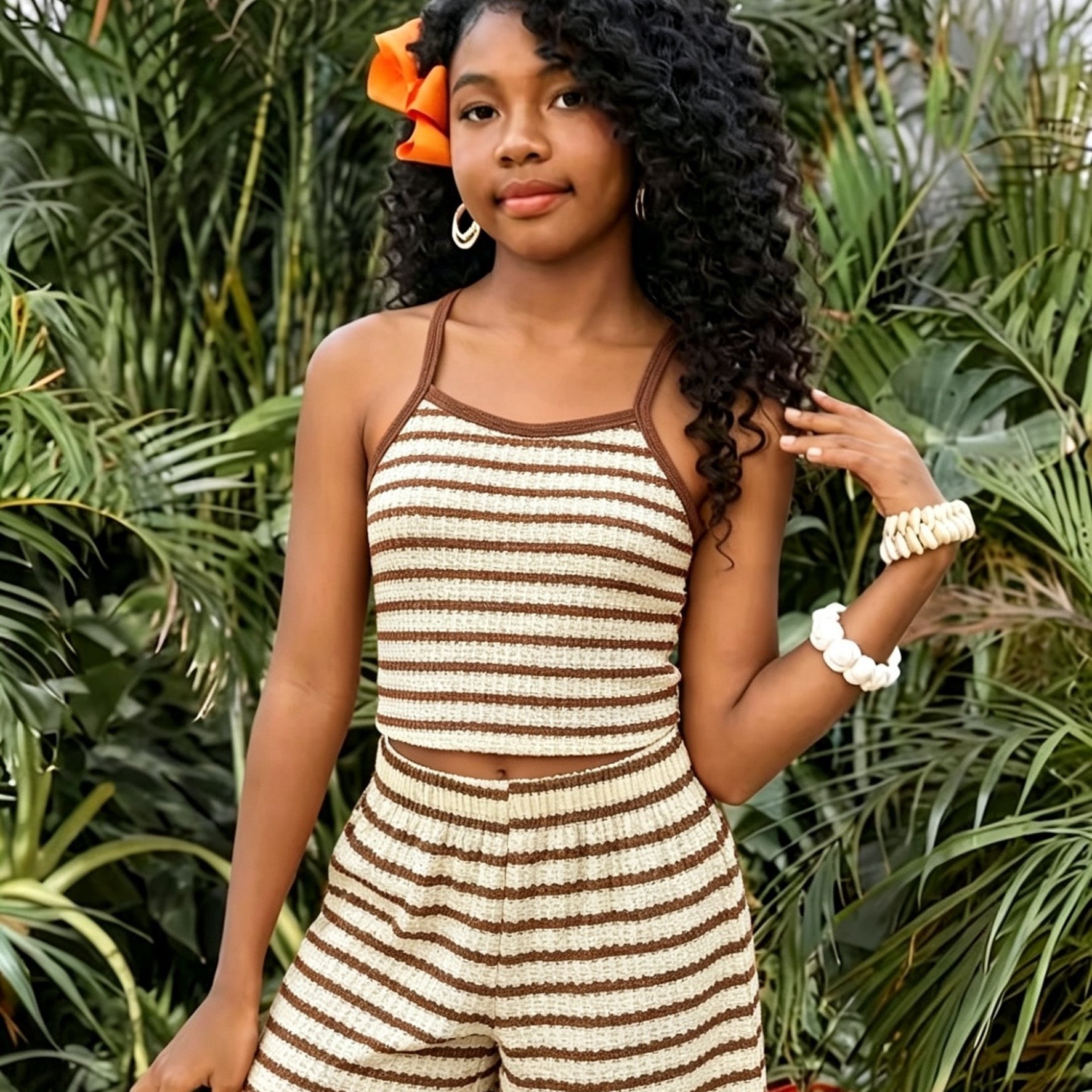 Girls' Summer Striped Camisole Shorts Set, 2pcs Outfit For Middle And Older Kids, Beach Vacation Casual Wear, Breathable Knit For Comfortable Wearing, Perfect For Outdoor