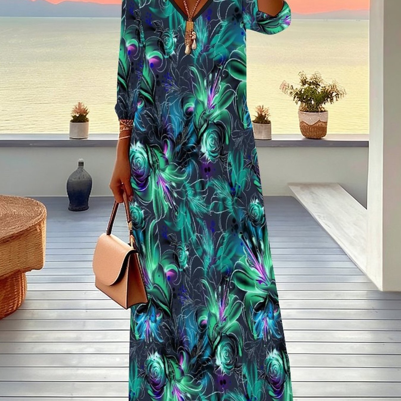 Plus Size - Women's Dress, Women's Plus Size Dress, Floral And , Full Body Print, Party Occasion, Casual Vacation, Elegant Women's Fashion, V-neck, Mid Sleeved Jumpsuit, Long Skirt