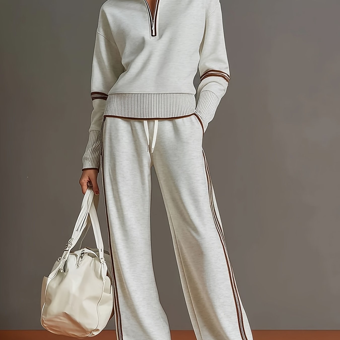 Color Block Stand Collar Sweatshirt Wide Leg Pants 2pcs Set European S Outfit