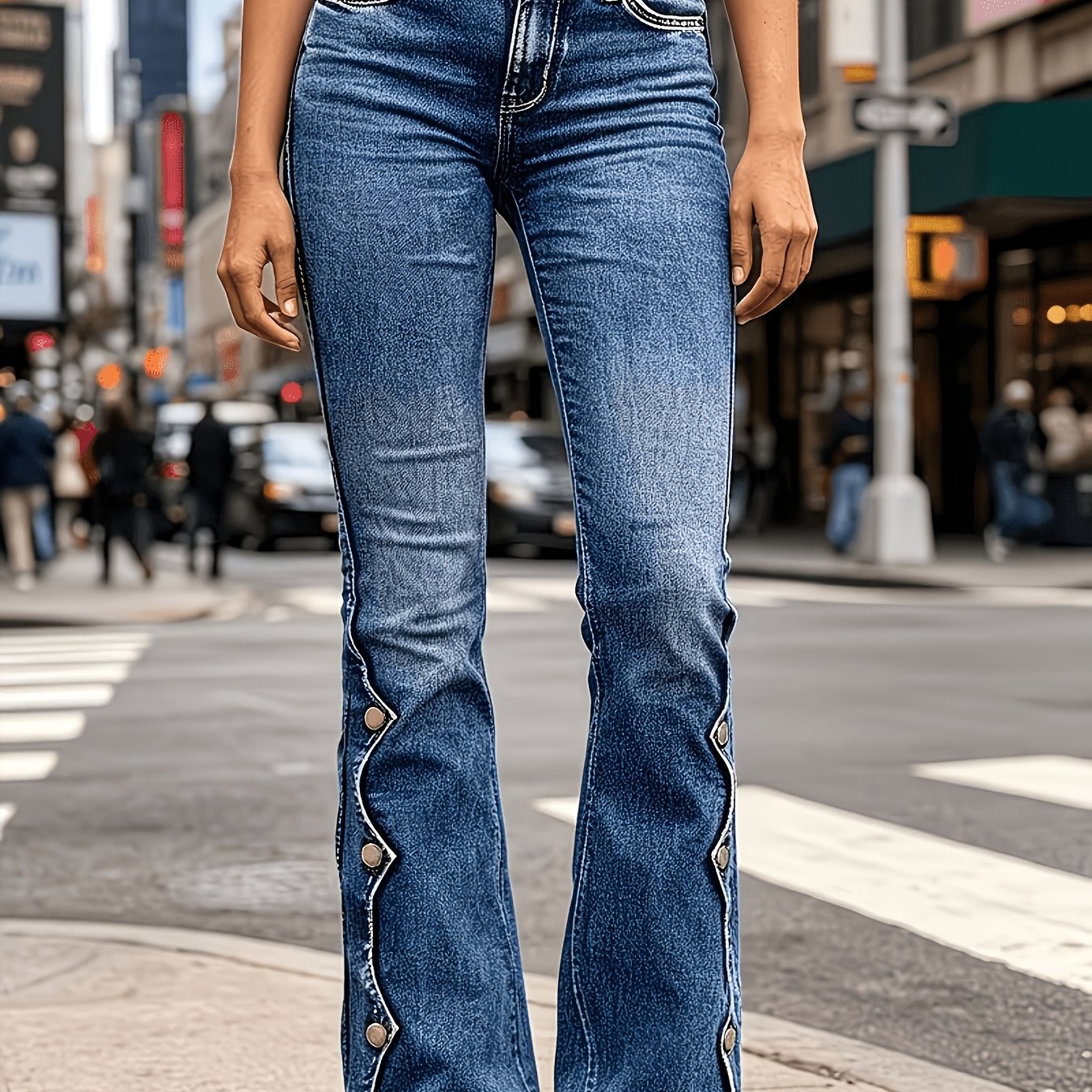 Image of Women's Mid-waist Washed -flare Jeans, Retro Washed Denim Fabric, Soft Gradient Texture. Wave-shaped Contrast Stitching Decoration On Of The Pant Legs, With Golden Metal Buttons, And Frayed Hem