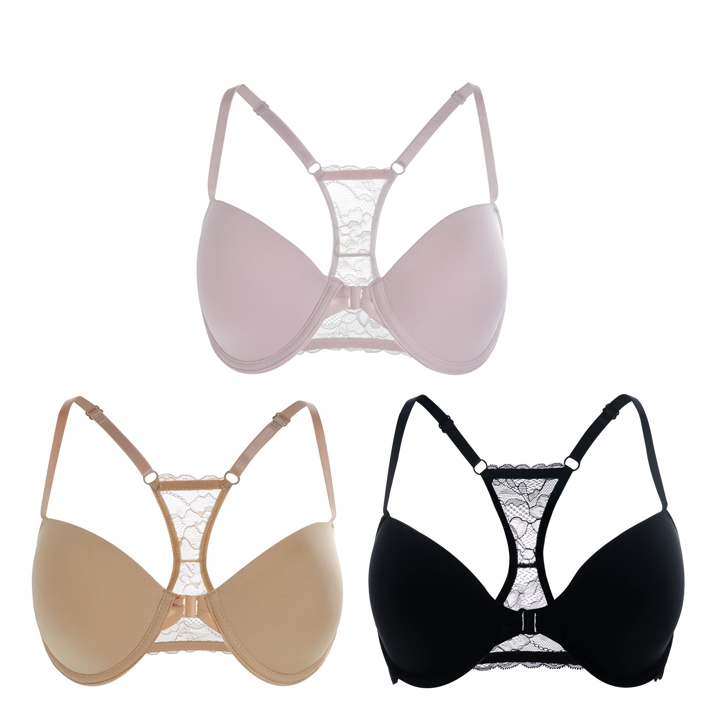 3pcs Front-closure Lace Panel Bra