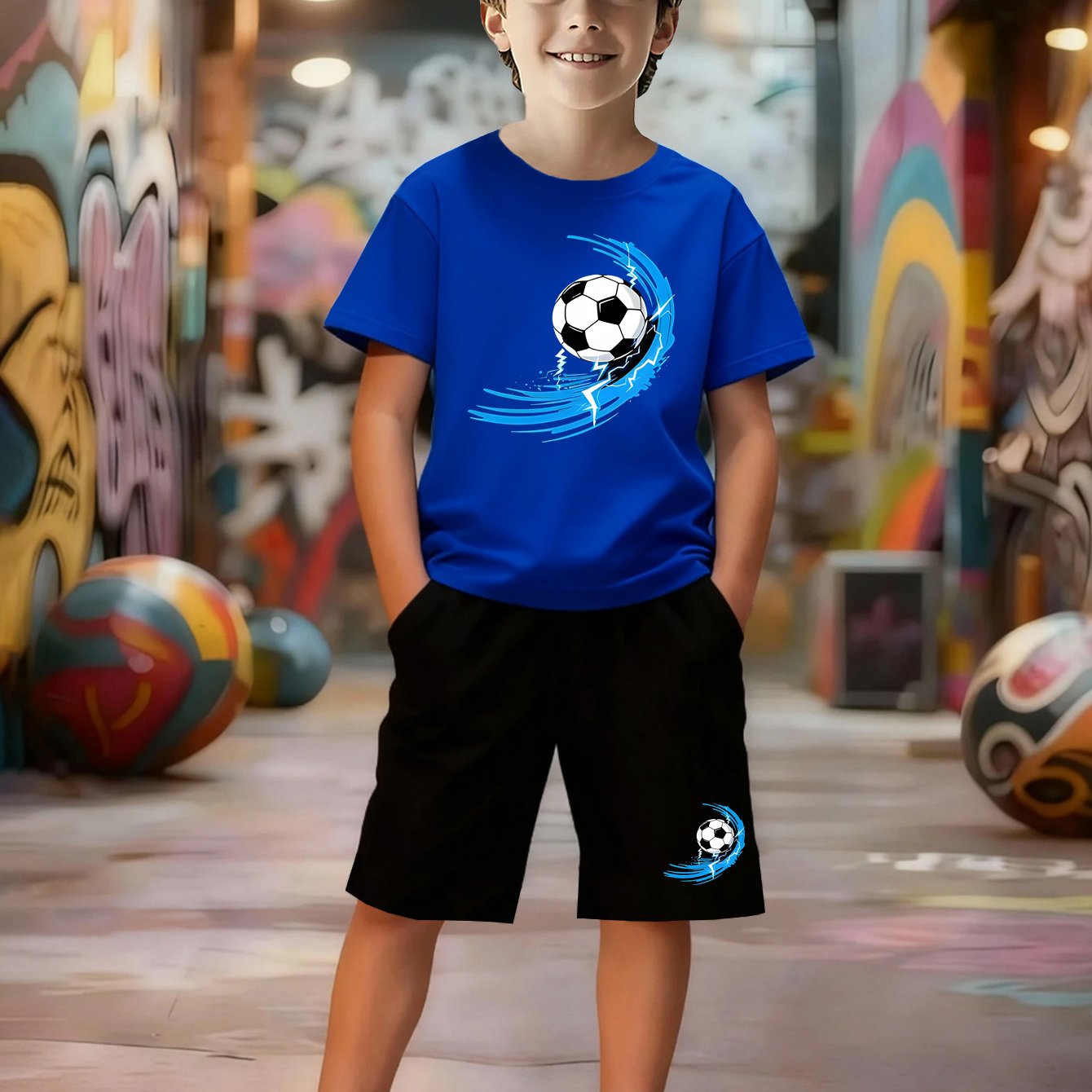 A Set Of 2pcs Including A Boys' T-shirt And Shorts, Designed For And , Perfect For Casual Sports Activities And Outdoor Fun. Features A Cool Soccer Graphic Design, For Outdoor, Perfect For Outdoor