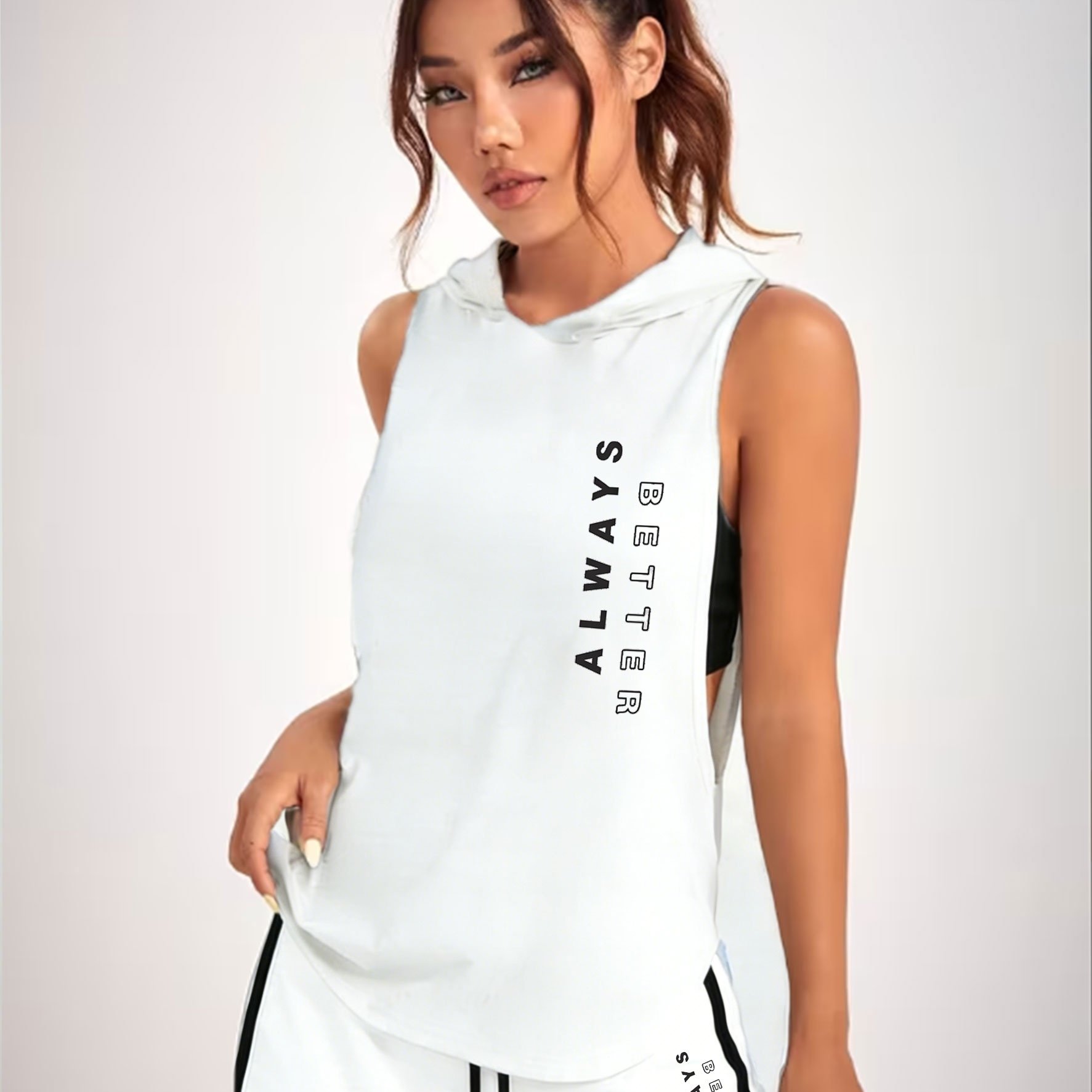 TEMU Women's Summer Printed Casual 2pcs Set, Hooded Cutout Sleeveless Tank Top And Shorts Set, New Arrival, Lightweight Breathable Fabric, Loose