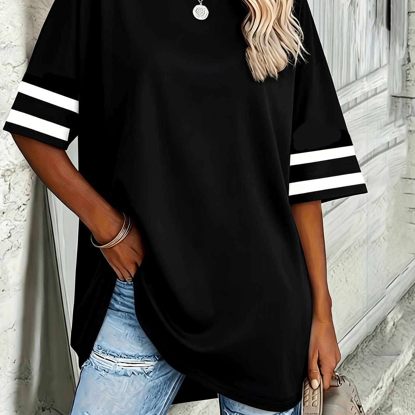 TEMU Plus Size Striped Cuff Short Sleeve, Solid Color Spring Summer Size Short Sleeve, Mid-length Design, Black And White Available, Suitable For