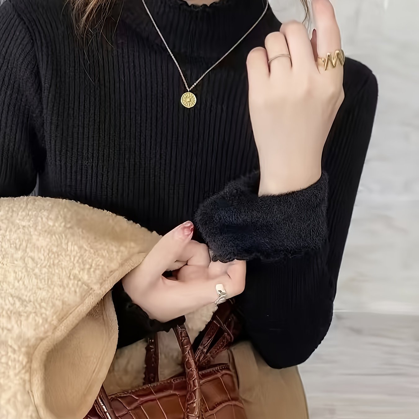TEMU 긴팔 골지 스웨터, 하이넥 단색 슬림핏 스웨터, 속옷으로 착용, 겉옷으로 착용 시 간편한 하이넥 스웨터, 기모 안감 스웨터, 따뜻한 스웨터, 겨울 스웨터, 올인원 기모