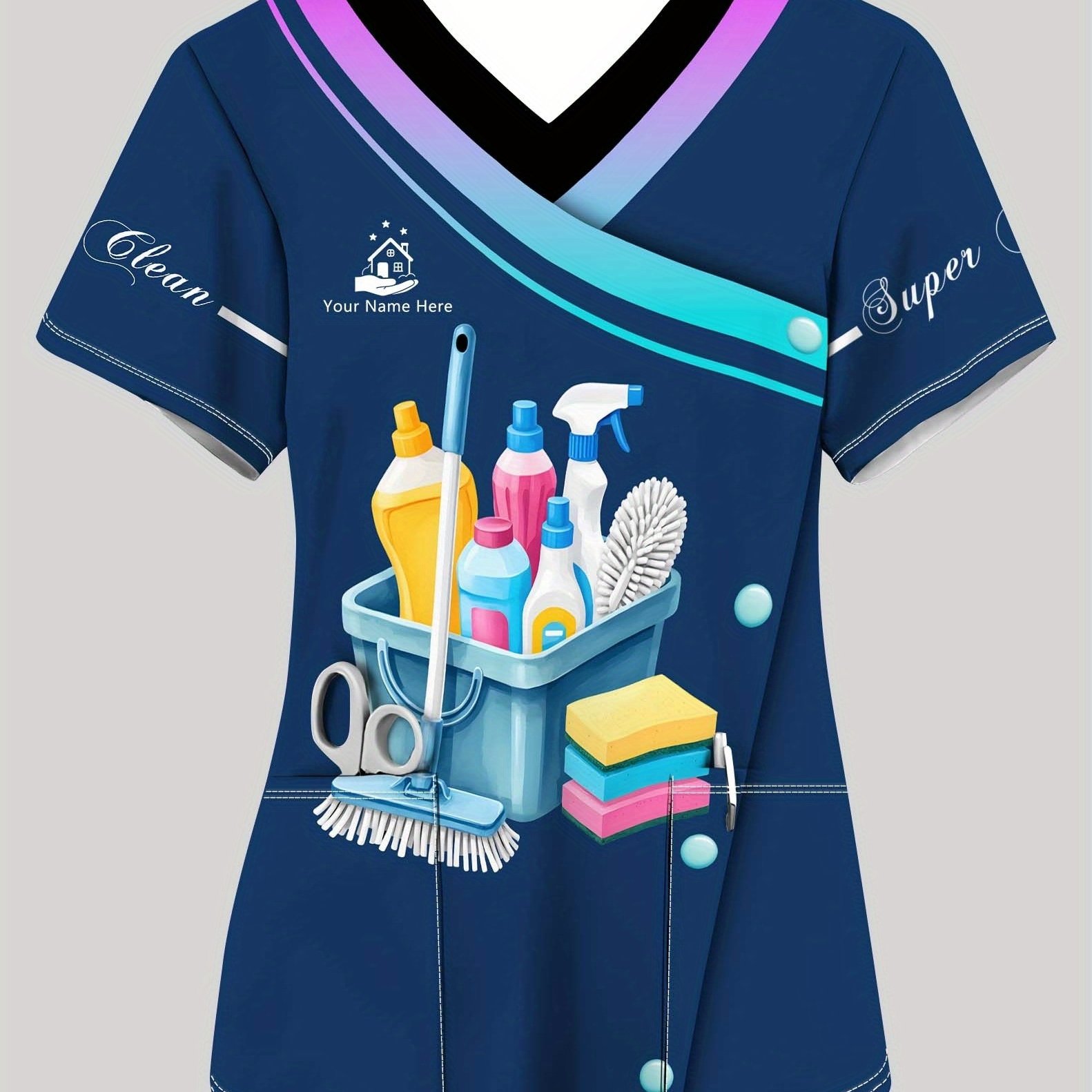 TEMU Custom Name V-neck Pocket Cleaning Work T-shirt, Laundry Shop Uniform, Comfortable And Stylish Short-sleeve T-shirt For Women With Laundry