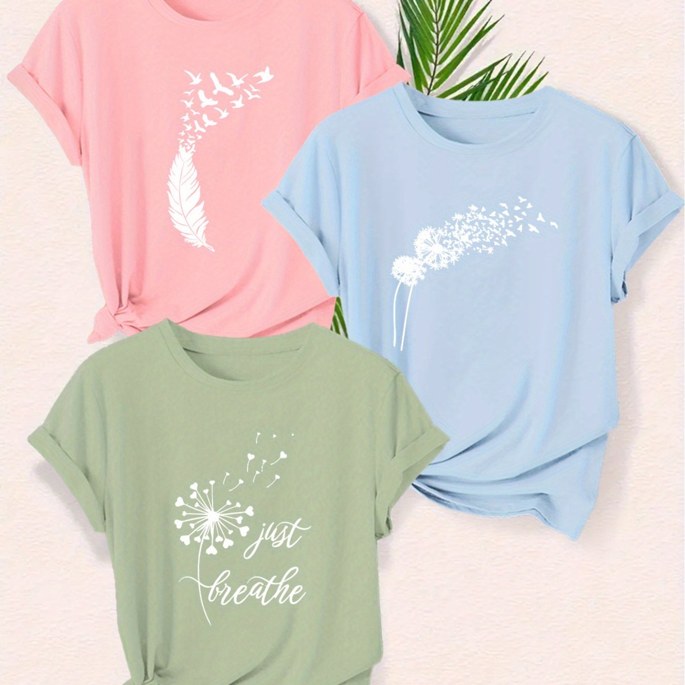 TEMU Graphic Print 3pcs T-shirt, Short Sleeve Crew Neck Casual Top For Summer& Spring, Women's Clothing