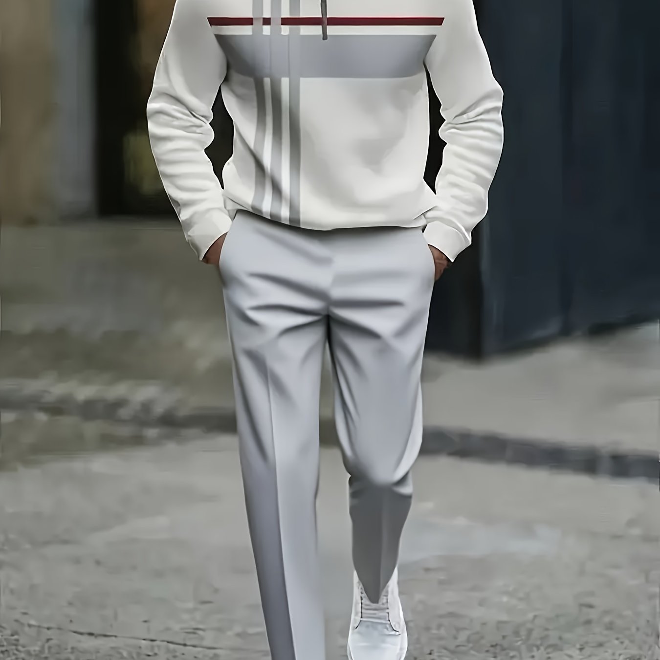 TEMU Men's Casual Sports Suit With A Striped Design For Autumn 2025, Featuring A Stylish And Minimalist Half-zip Pullover And Comfortable Casual