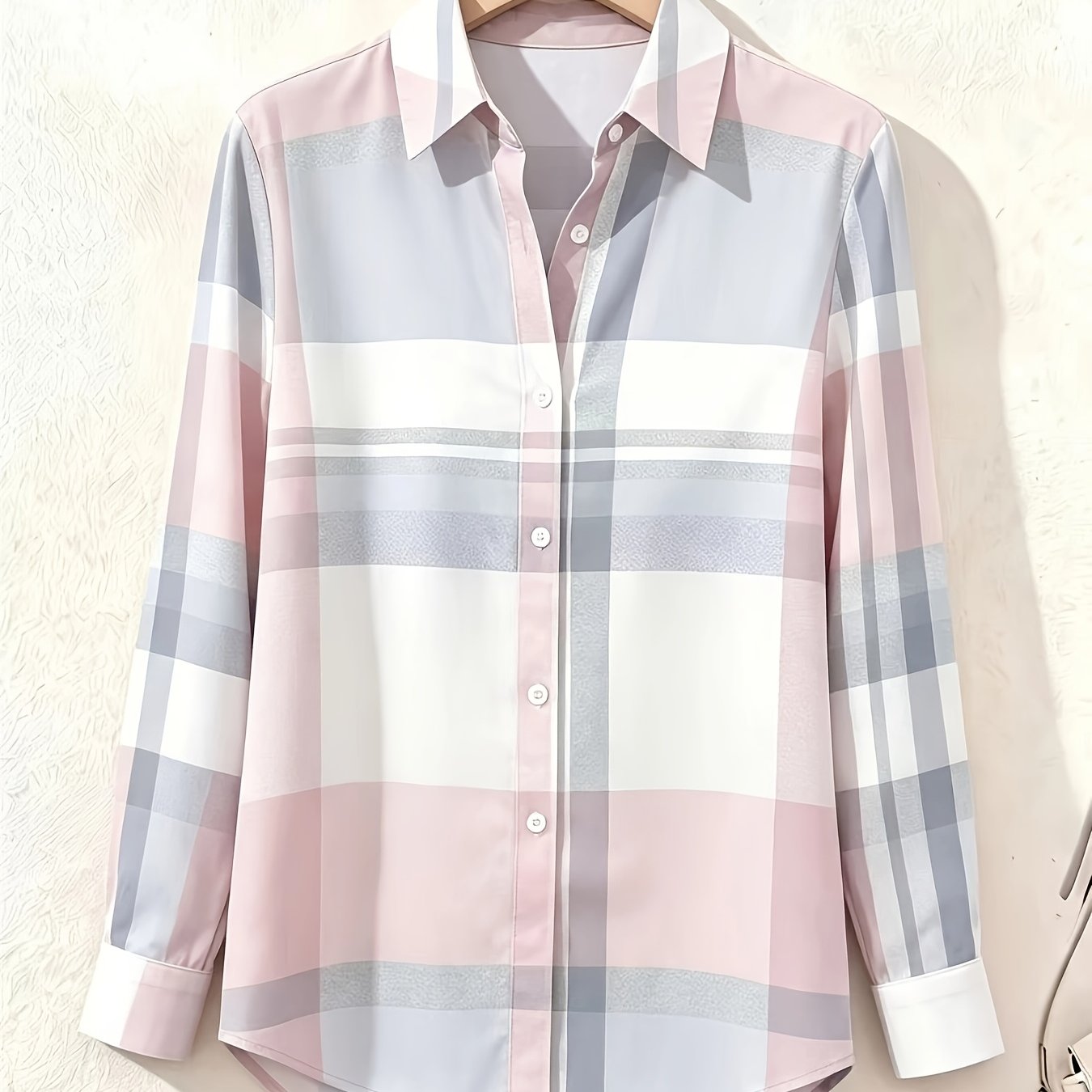 TEMU Spring/summer Women's Long-sleeve Shirt, Elegant Plaid Style, Loose Fit Commuter Casual Blouse