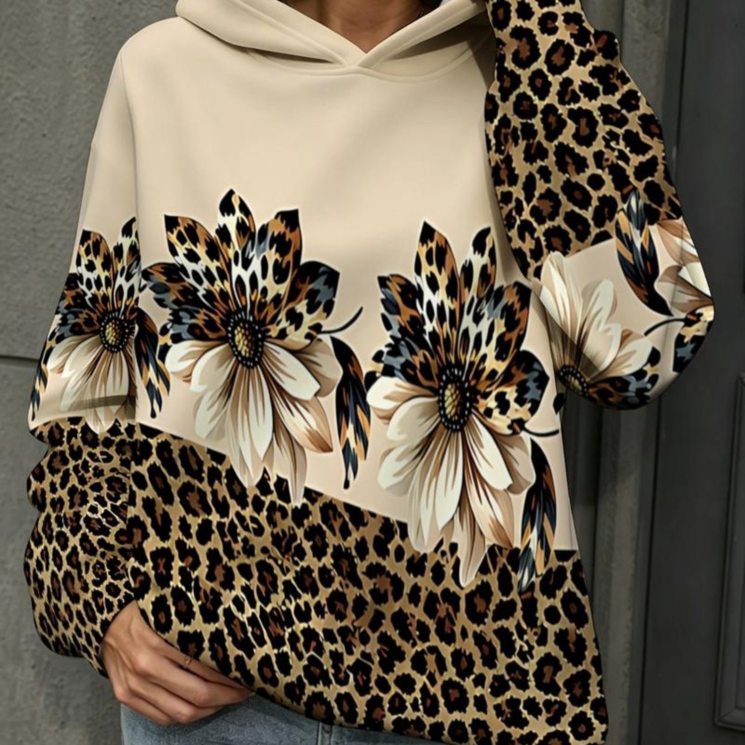 TEMU Women's Fashion Hoodie, Leopard And Floral Print, Mixed Colors, Multiple Sizes, Stylish Design For Daily Wear And , Unique Contrast Pattern For