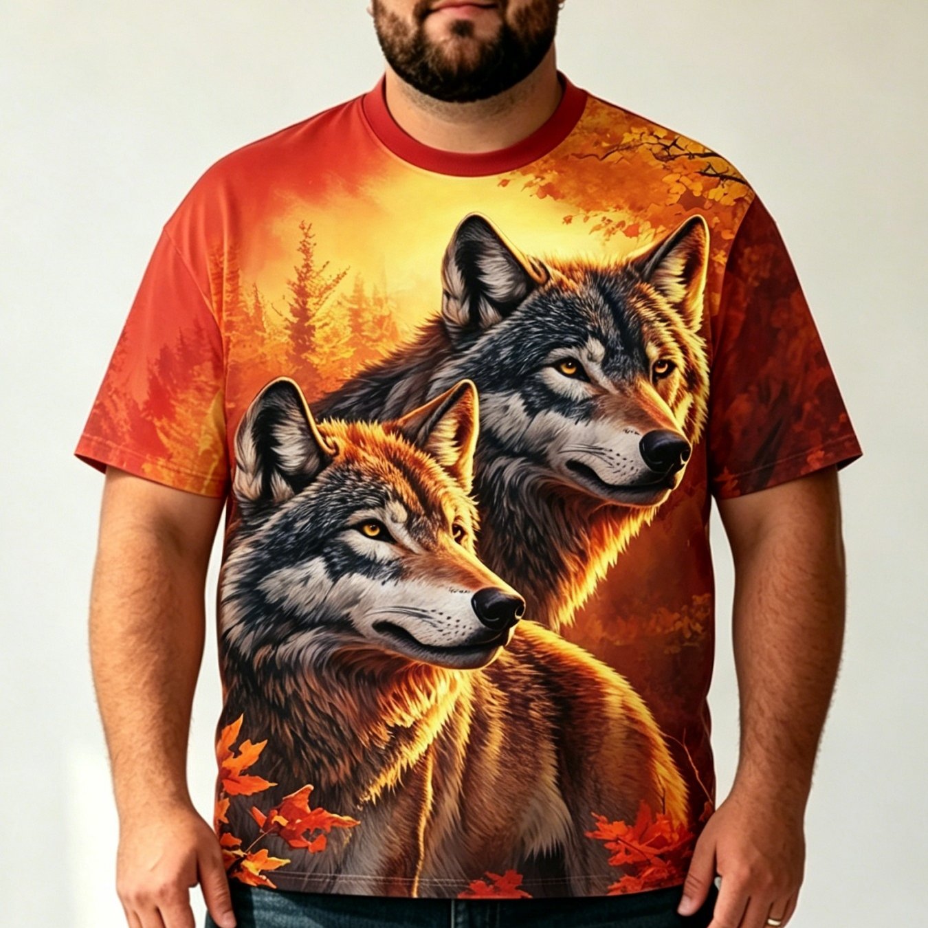 TEMU Plus Size Men's Summer Wolf And Wolf Pc Pattern T-shirt, Fashionable Round Neck Short Sleeve, Style, Suitable For Casual Wear, Gift For Men