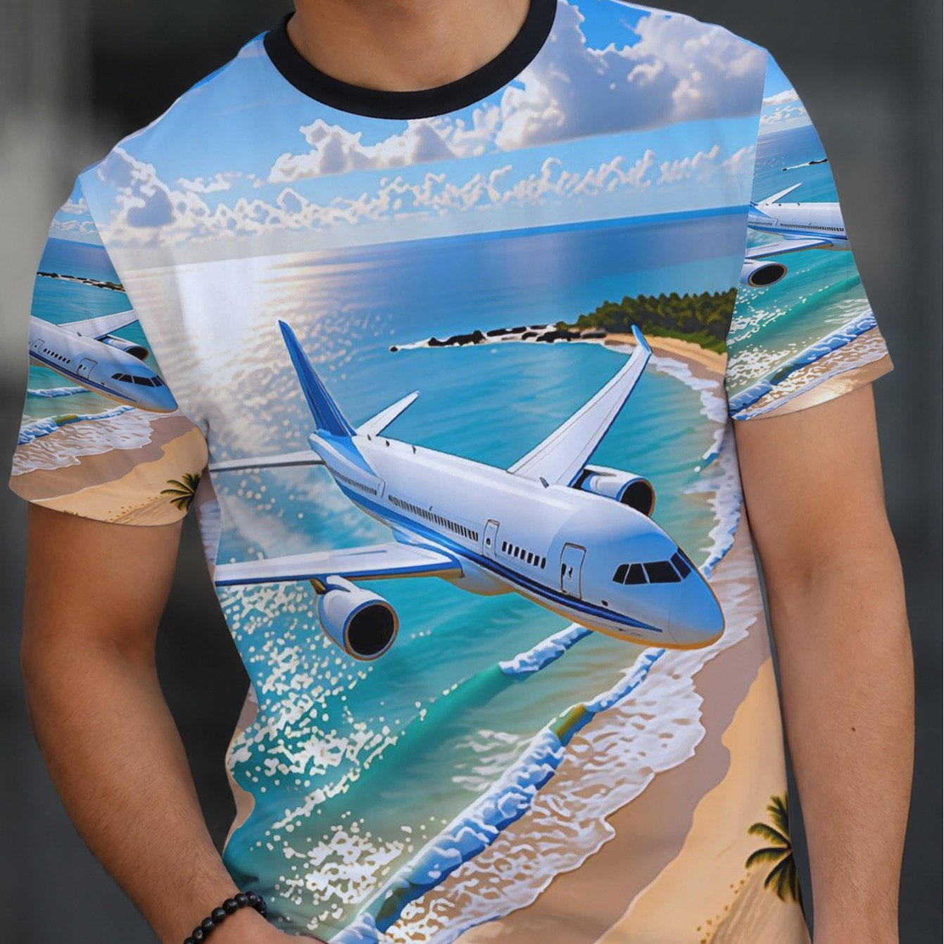 TEMU [printed Design- Not Textured] Airplane And Beach Travel T-shirt, Print Tee, Suitable For Holiday Trips, Casual Streetwear, And Summer Style