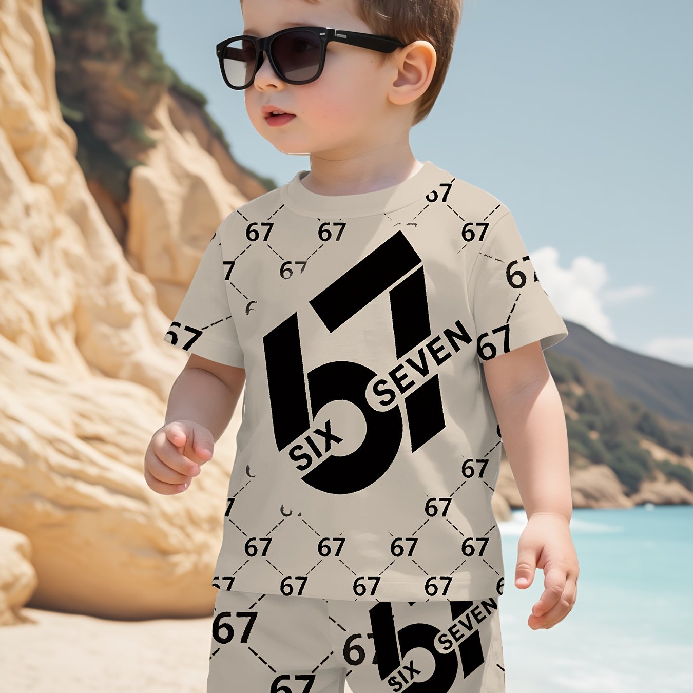 Image of 2pcs Summer New Baby Boy Casual Pixel Style 67 Printed Round Neck T-shirt And Shorts Set, Comfortable And Fashionable Dressing , For Outdoor