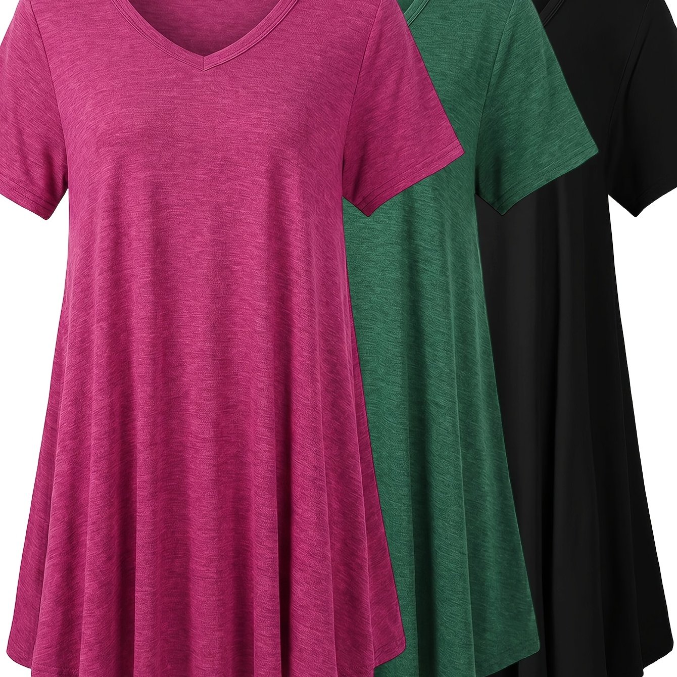 TEMU 3pcs Set Women's Long-length Top, Fashionable Loose-fit Shirt, Elegant And Comfortable V-neck Short-sleeve T-shirt