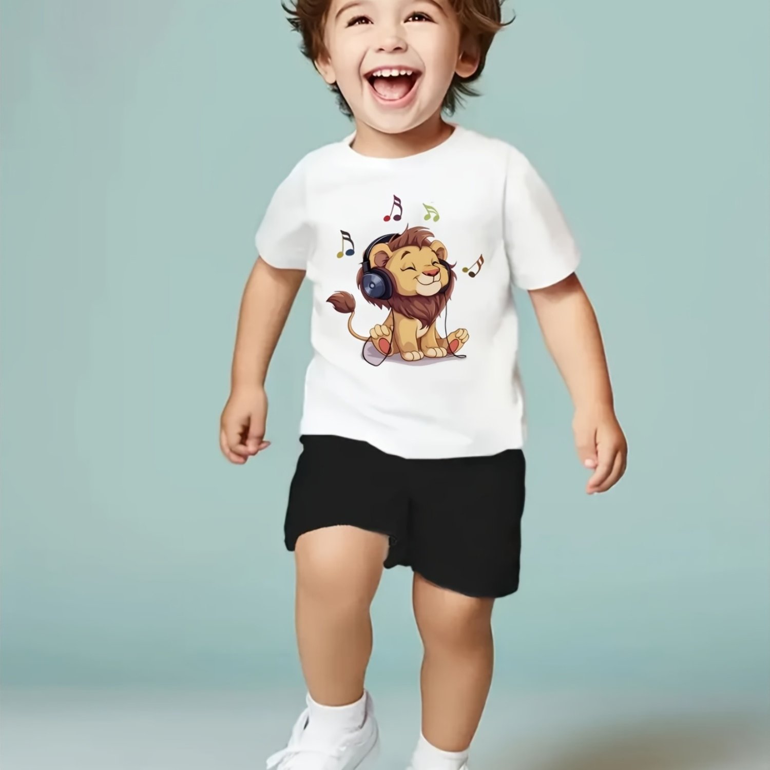 Image of Summer Style Infant Toddler Boy Round Neck Cartoon Print Short Sleeve Top Solid Color Shorts Cute Two-piece Set, For Outdoor