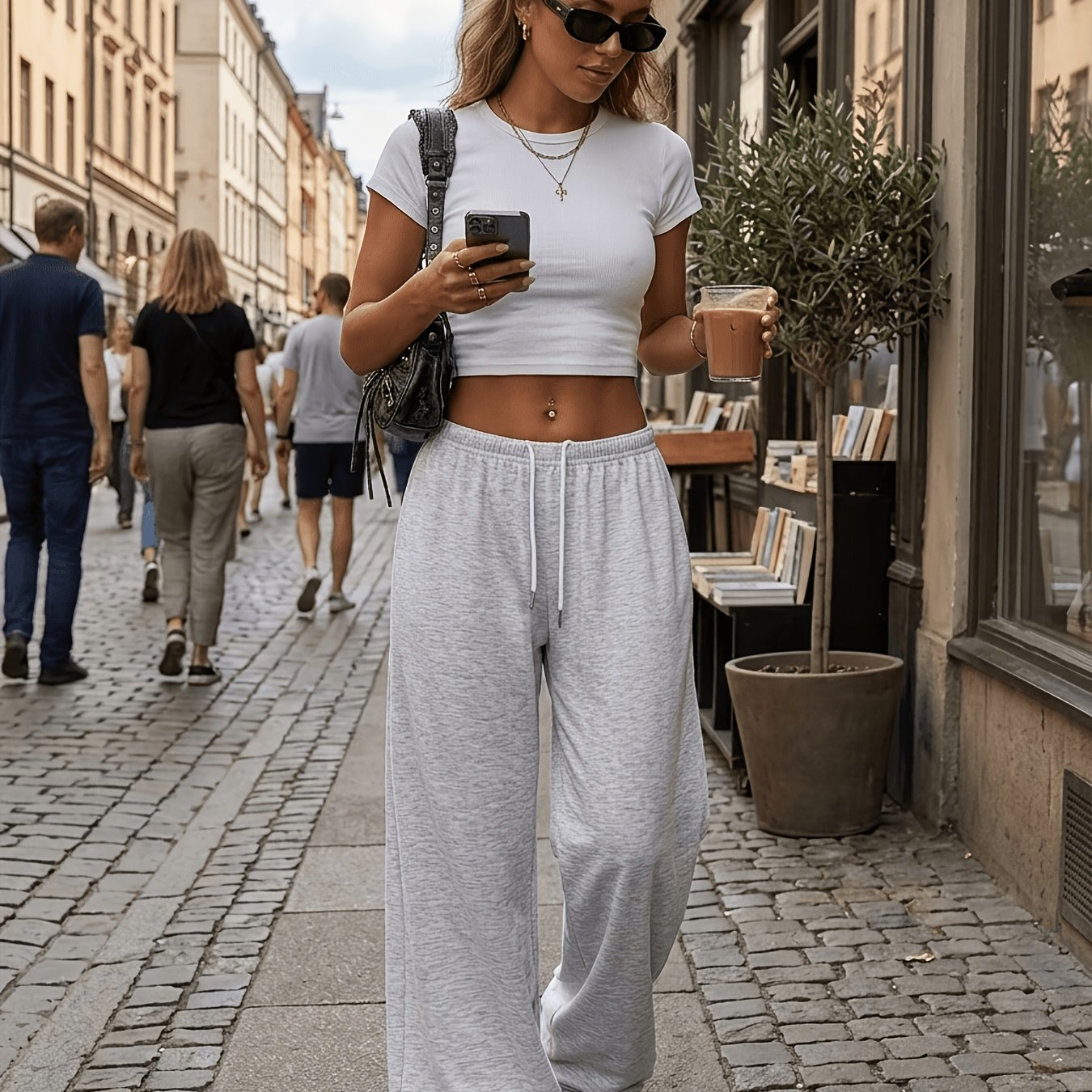 TEMU Women's Casual Wide-leg Pants, Elastic Waist Cincher Loose Mid-stretch Fabric, Machine Washable, Spring Summer Fall Casual Wear Athletic