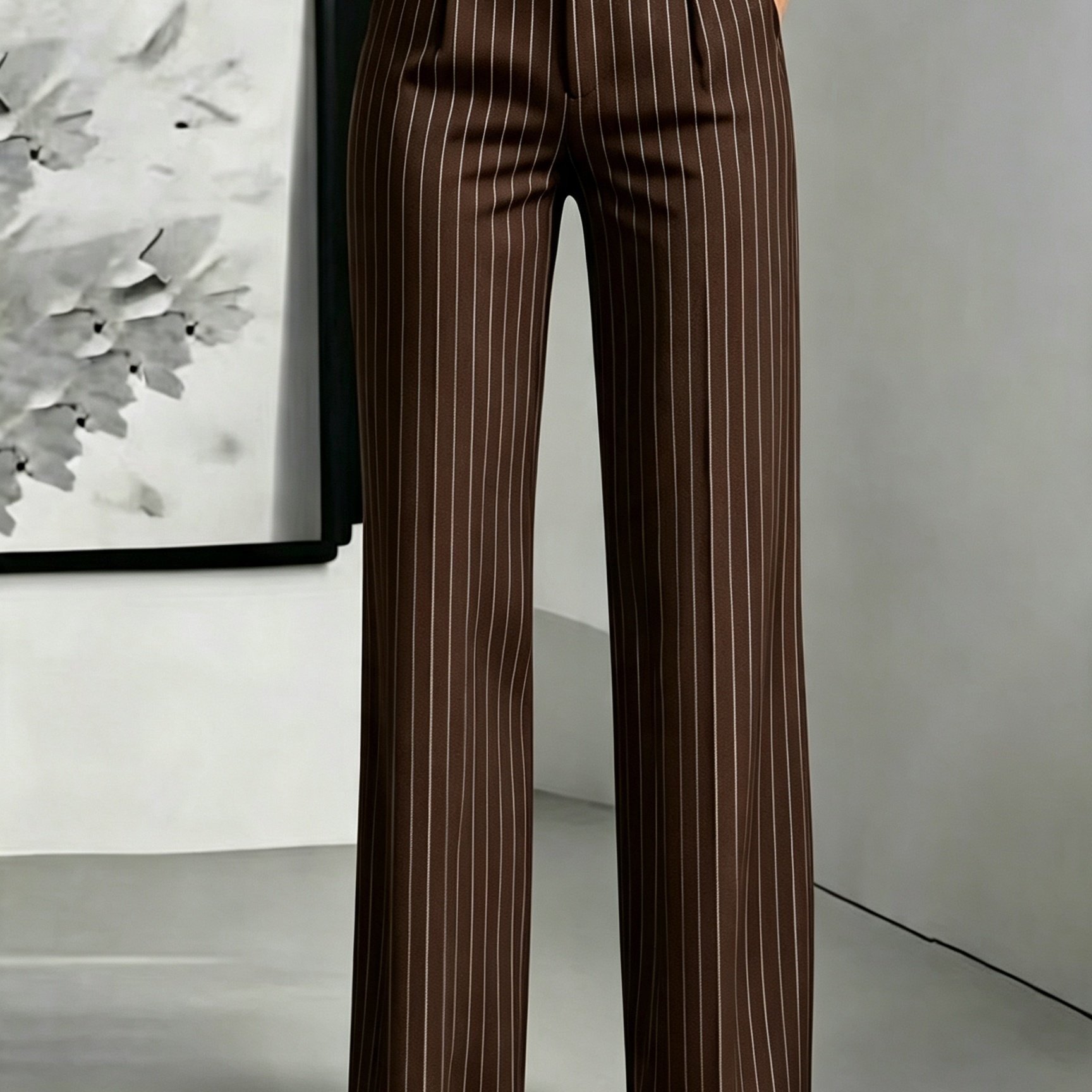 TEMU With White Thin Stripes Pleated Straight-leg Trousers For Women, High-waist Vertical Stripe Wide-leg Suit Pants, Elegant Office Business Casual