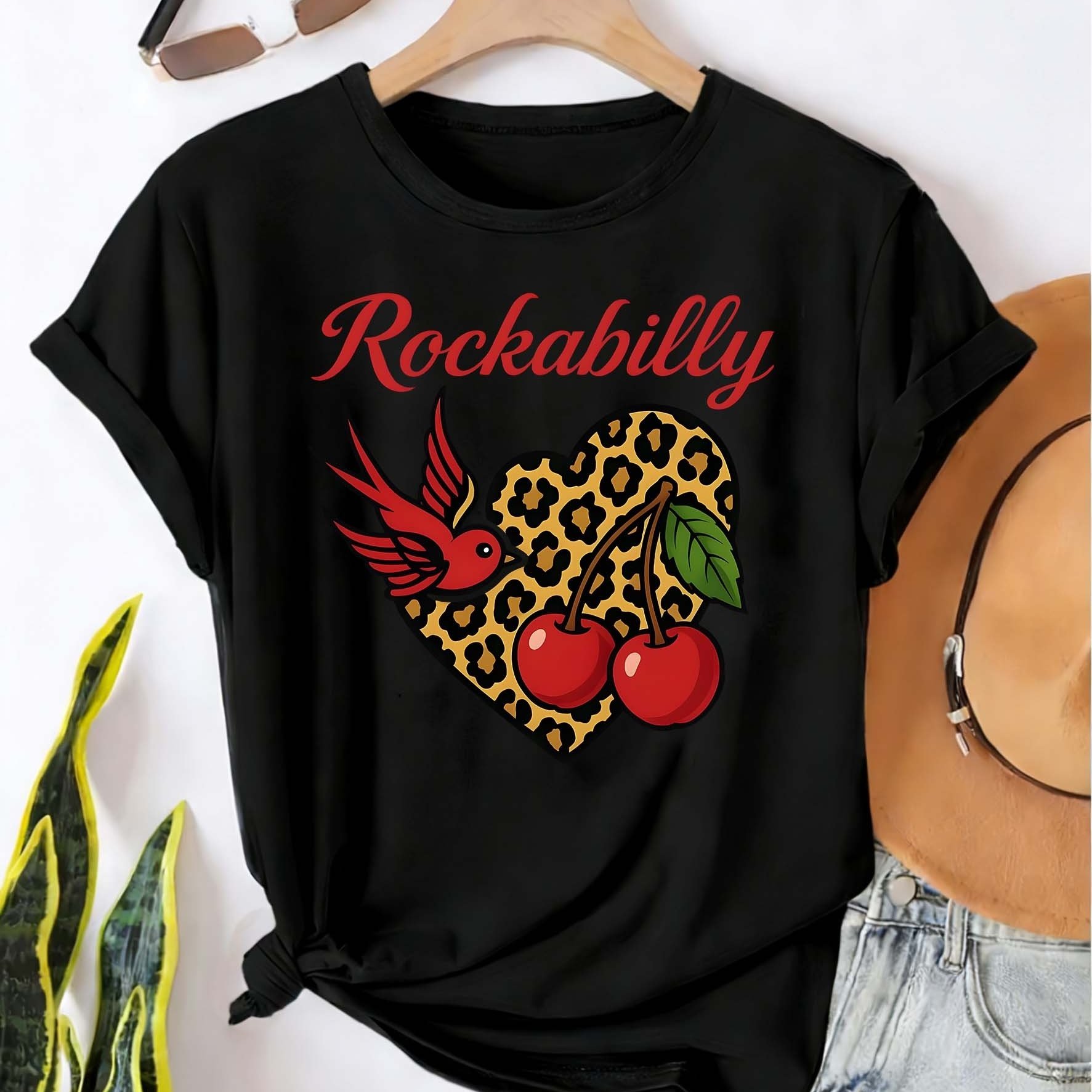 TEMU Rockabilly Heart Leopard Print Graphic Plus Size Short Sleeve T-shirt Women's Big Size Apparel Retro Vintage Style Comfy Chic Top For Curvy