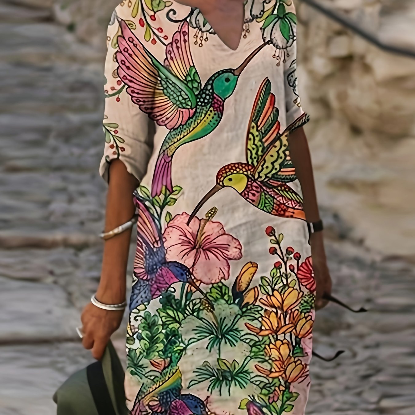 TEMU Women's Loose Casual And Festive Vintage V-neck Style Dress For Spring And Summer, Elegant Dress