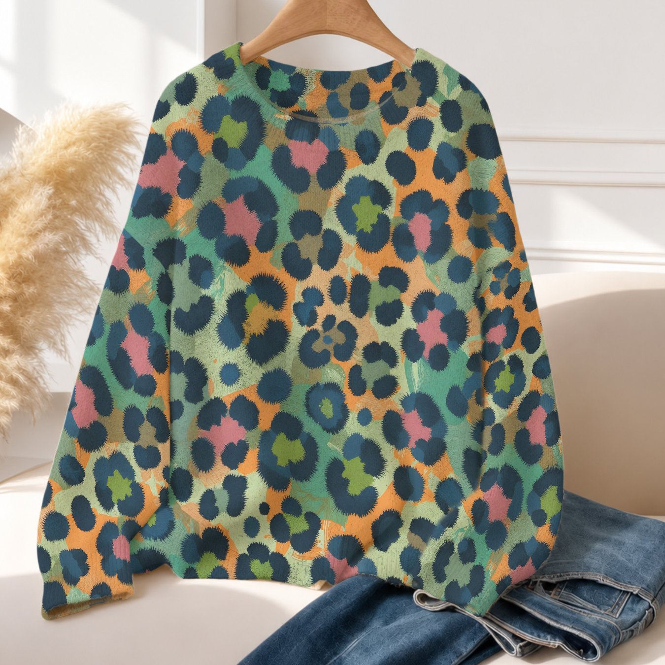 TEMU Nouveau pull pour femme automne/hiver, simple et polyvalent, couleur , à col rond, avec un imprimé léopard color-block d'inspiration vintage.