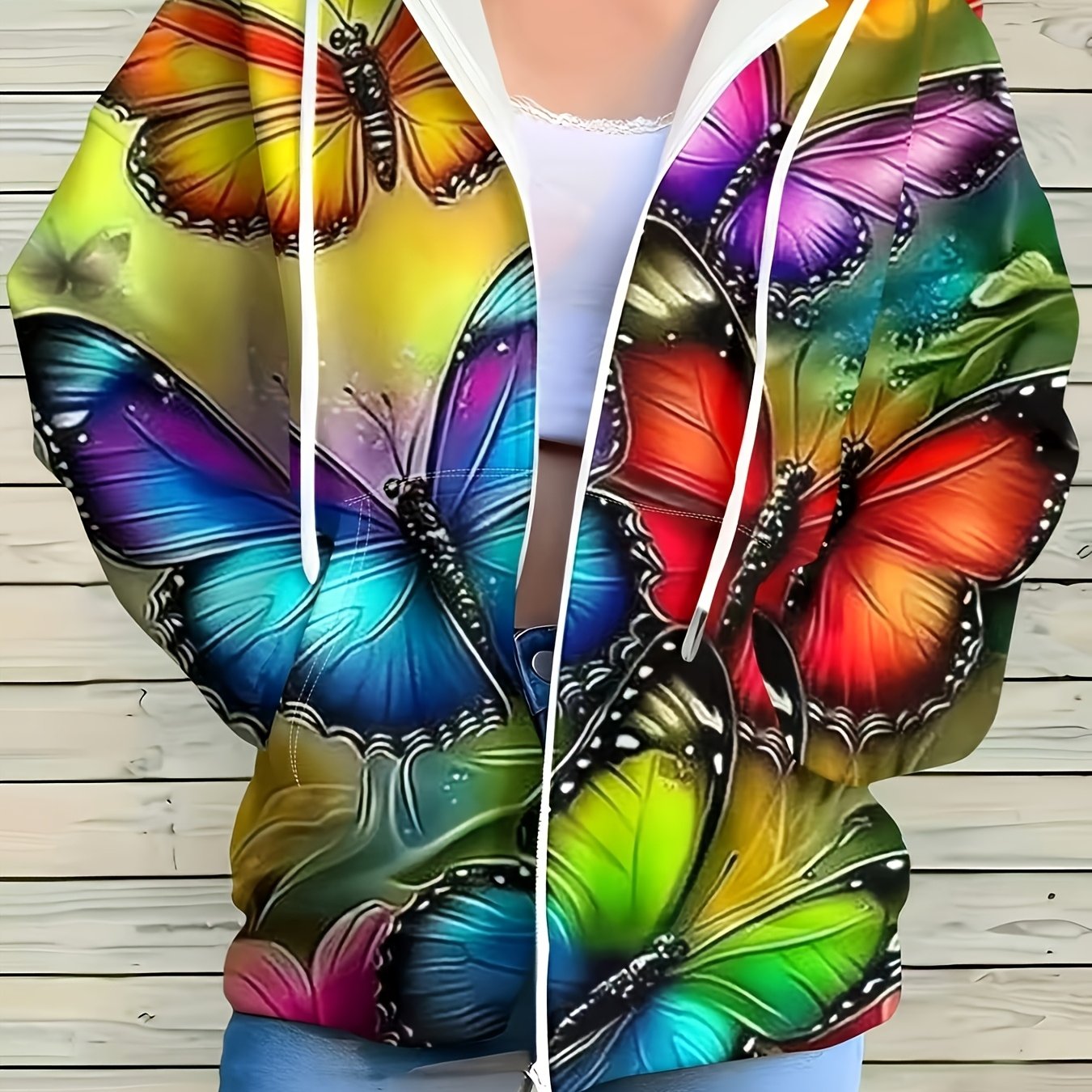 TEMU Plus Size - Plus Size - Colorful Floral Pattern Women's Zip-up Hoodie, Women's Outerwear Zip-up Hoodie, Plus Size Women's Zip-up Hooded