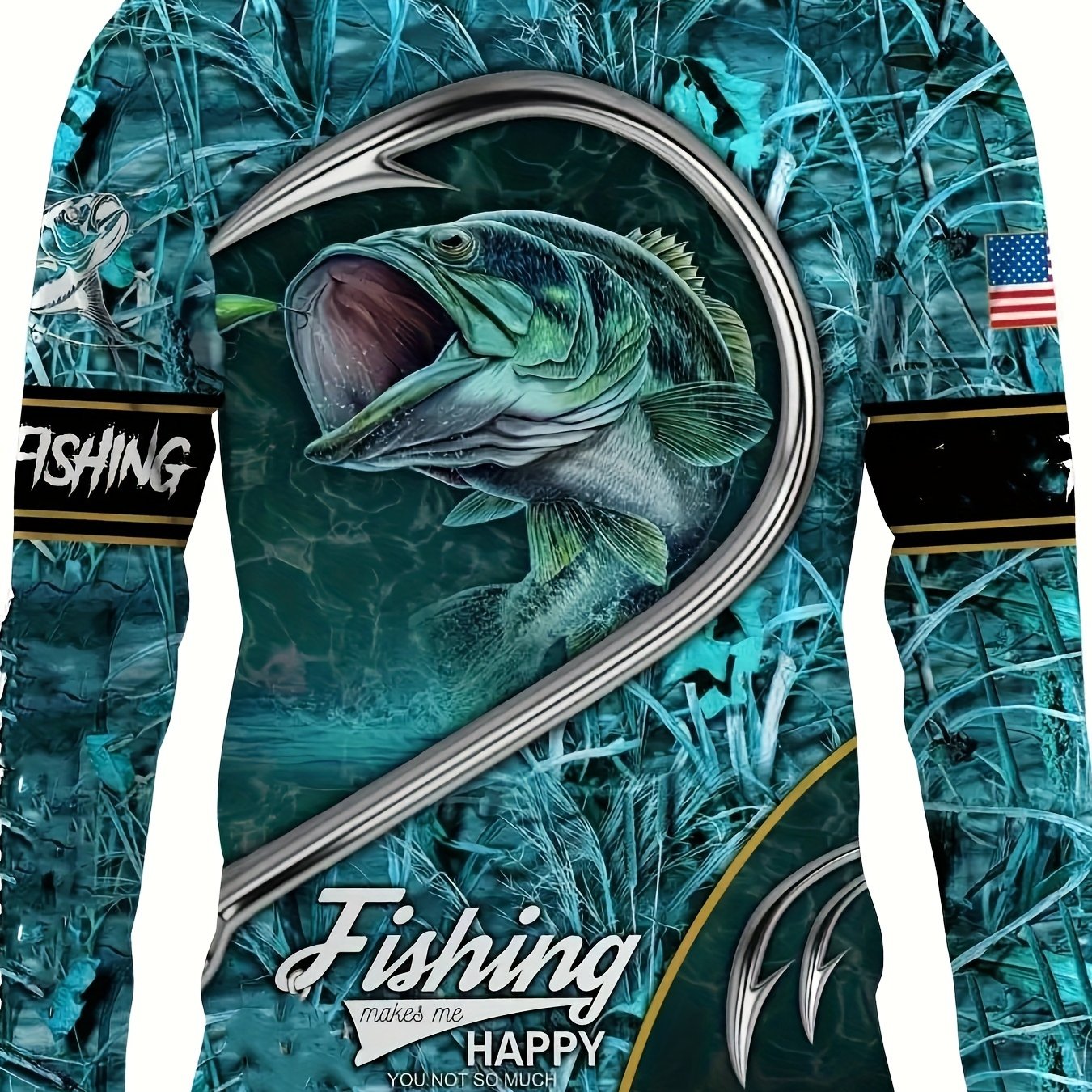 TEMU Men's 3d Fish Print Long Sleeve T-shirt - Casual Crew Neck Pullover, Breathable Polyester, All