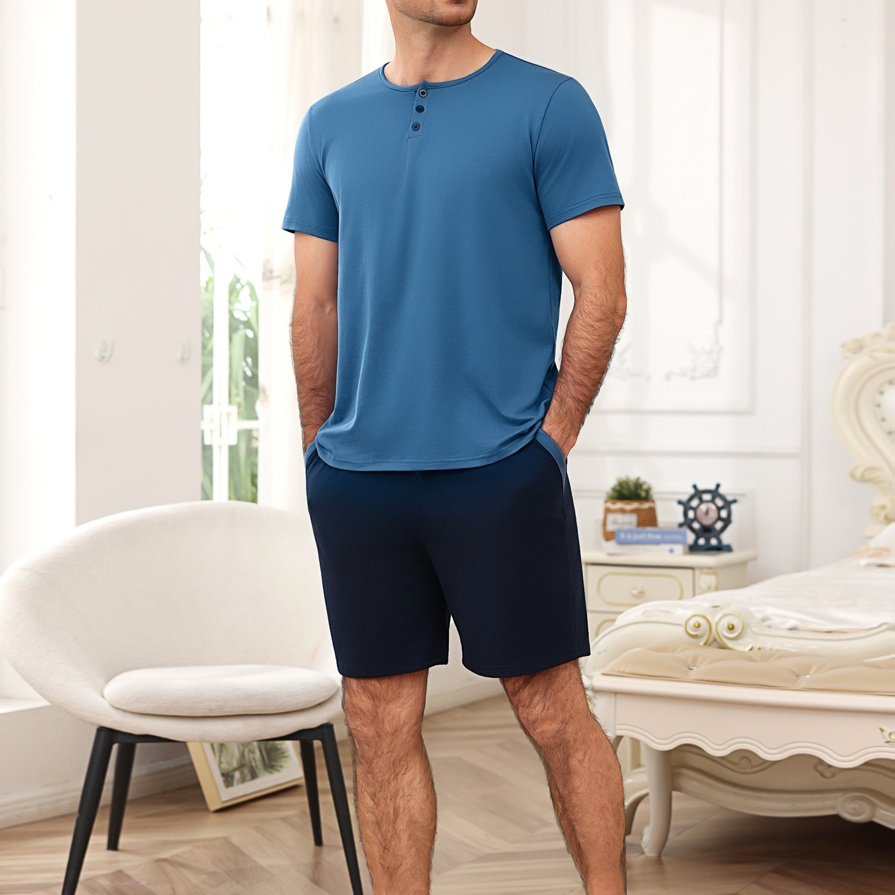 Men's Casual Set, Button-front Henley Neck Short Sleeve T-shirt, Elastic Waist Solid Color Knee-length Shorts, Lightweight Home Nightwear For Daily Wear