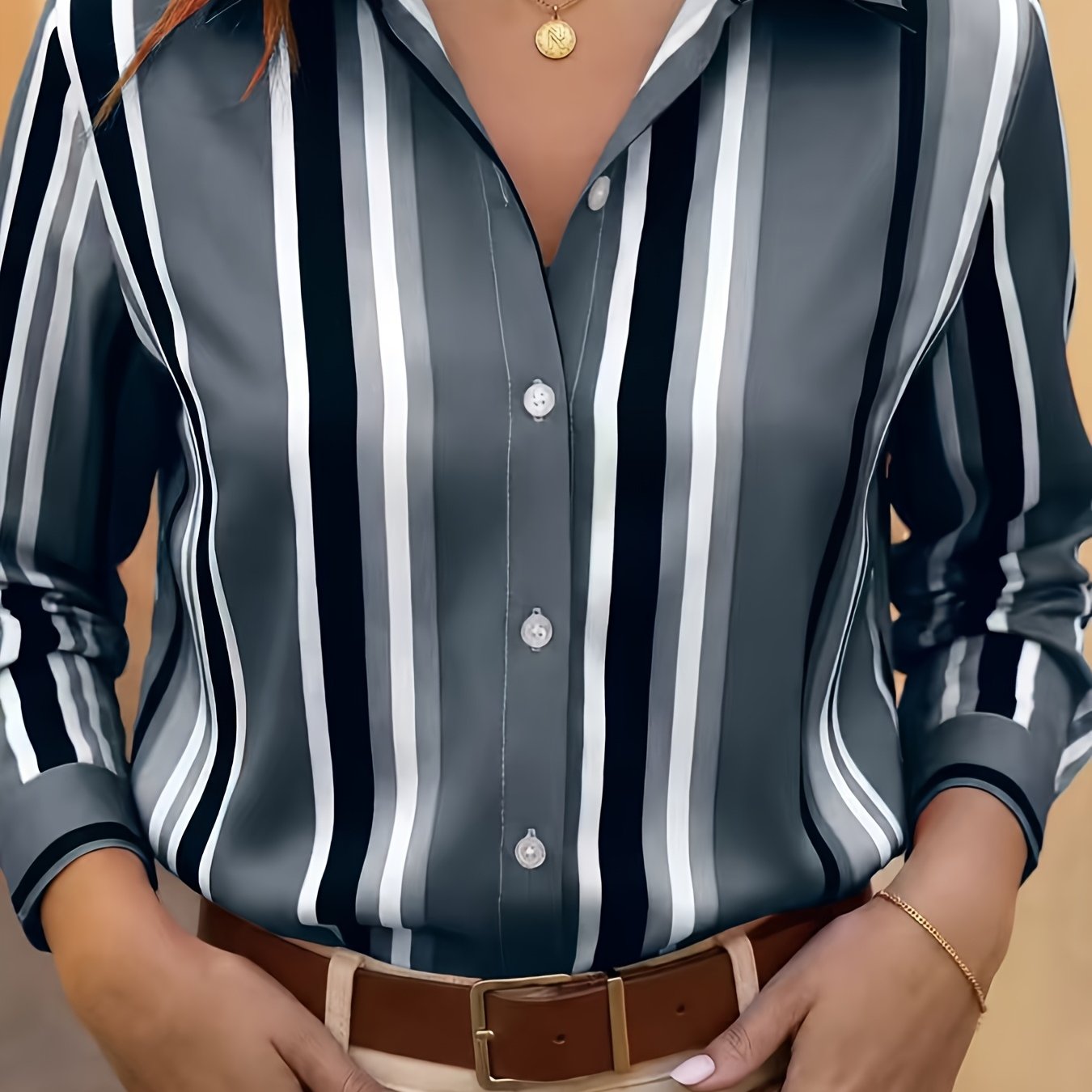 TEMU Chemise Élégante à Col Montant pour Femme, Manches Longues, Rayures Verticales Contrastées, Idéale pour ou les Déplacements Quotidiens