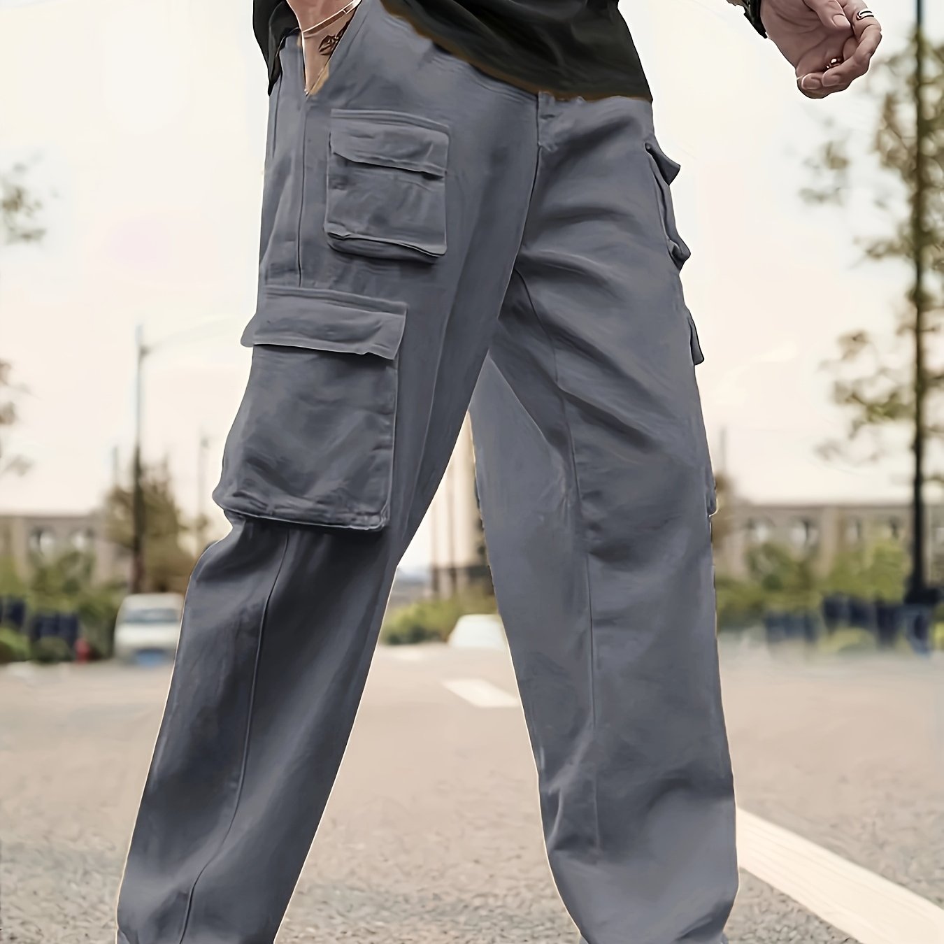 TEMU [qiaoximei Obm] Men's Multi-pocket Overalls, Universal For And Machine Washable, Mid-waist Drawstring Design, Non-elastic Fiber Fabric, Casual