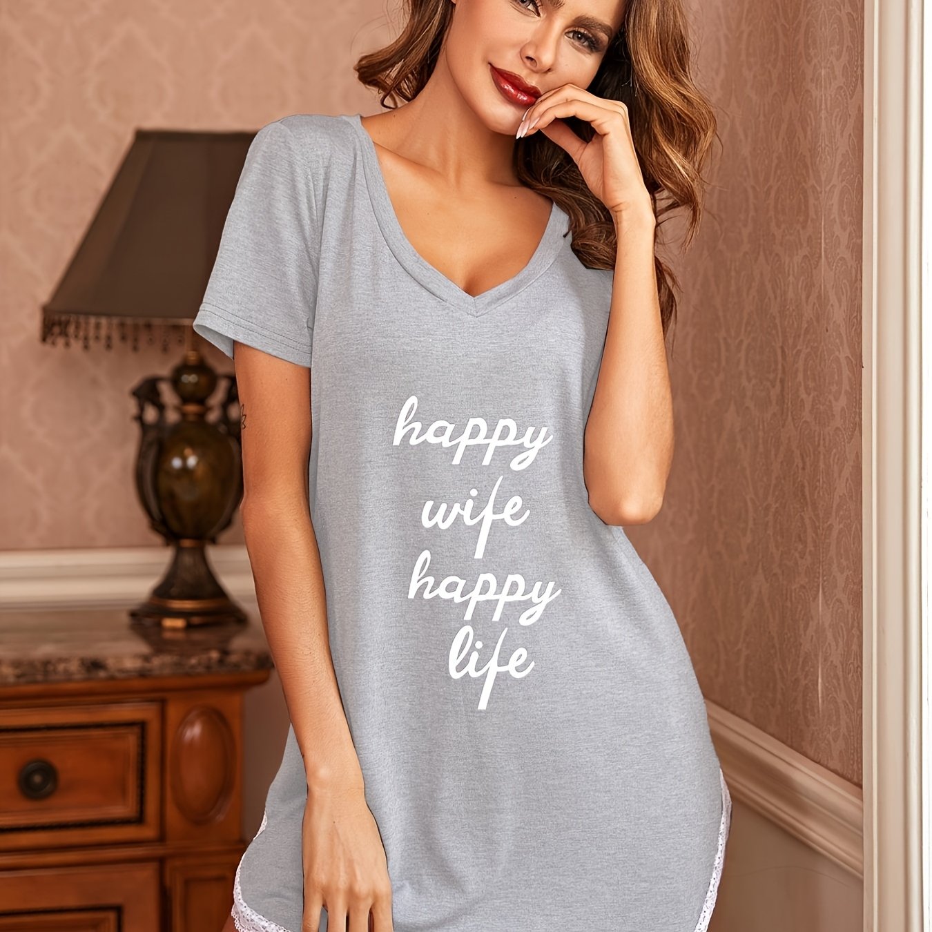 TEMU Comfortable Sleep Dress With A Sexy V-neck, Letter Print, And Lace Trim