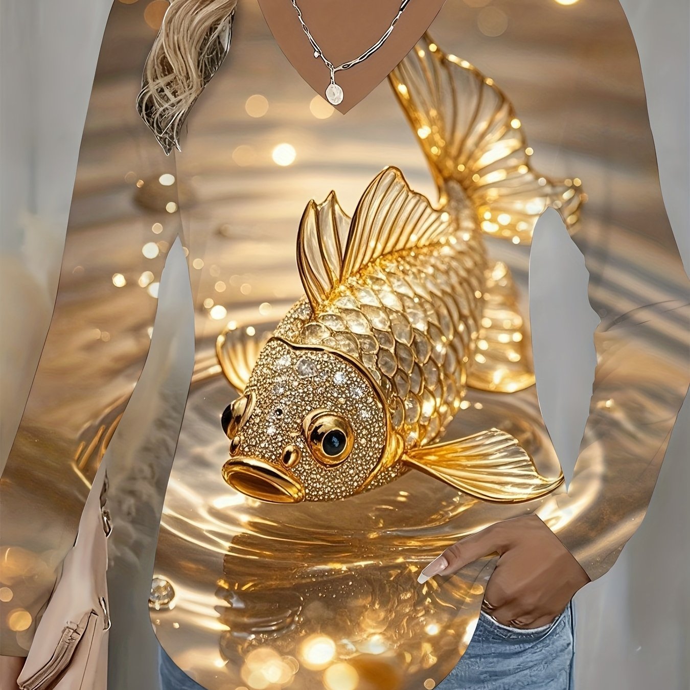 TEMU 3d V-neck Pattern Long Sleeve T-shirt- Shiny Full Pattern Top, Suitable For Birthdays, Festivals, And Daily Wear, Casual Wear, Machine Washable