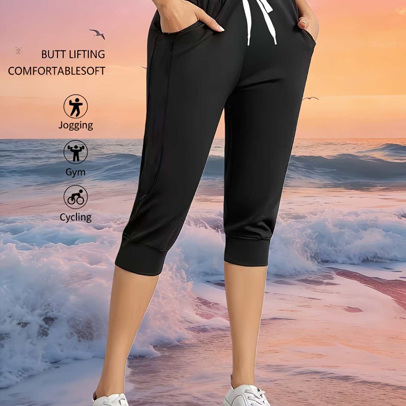 TEMU Women's Stylish Three-quarter Pants With Adjustable Drawstring Waist, Side Pockets, Suitable For , Breathable And Comfortable For, Fitness,