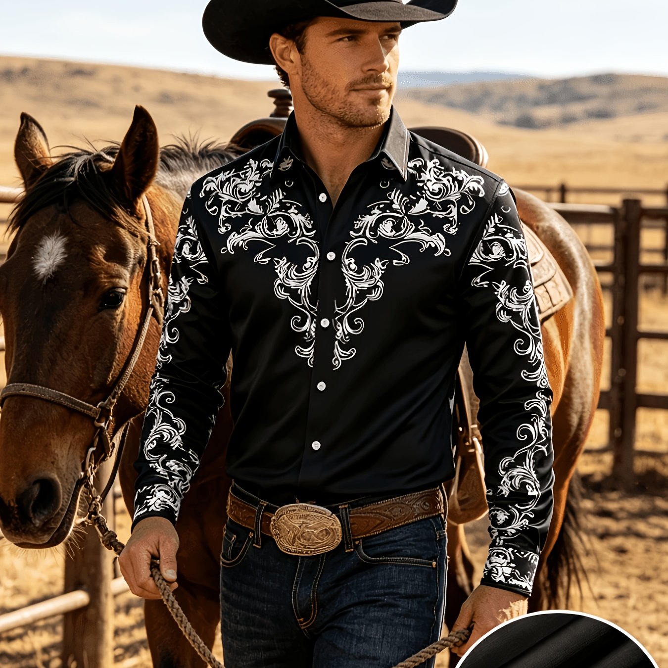 TEMU Men's Western Style Cowboy Shirt With Paisley Pattern Ethnic Shirt