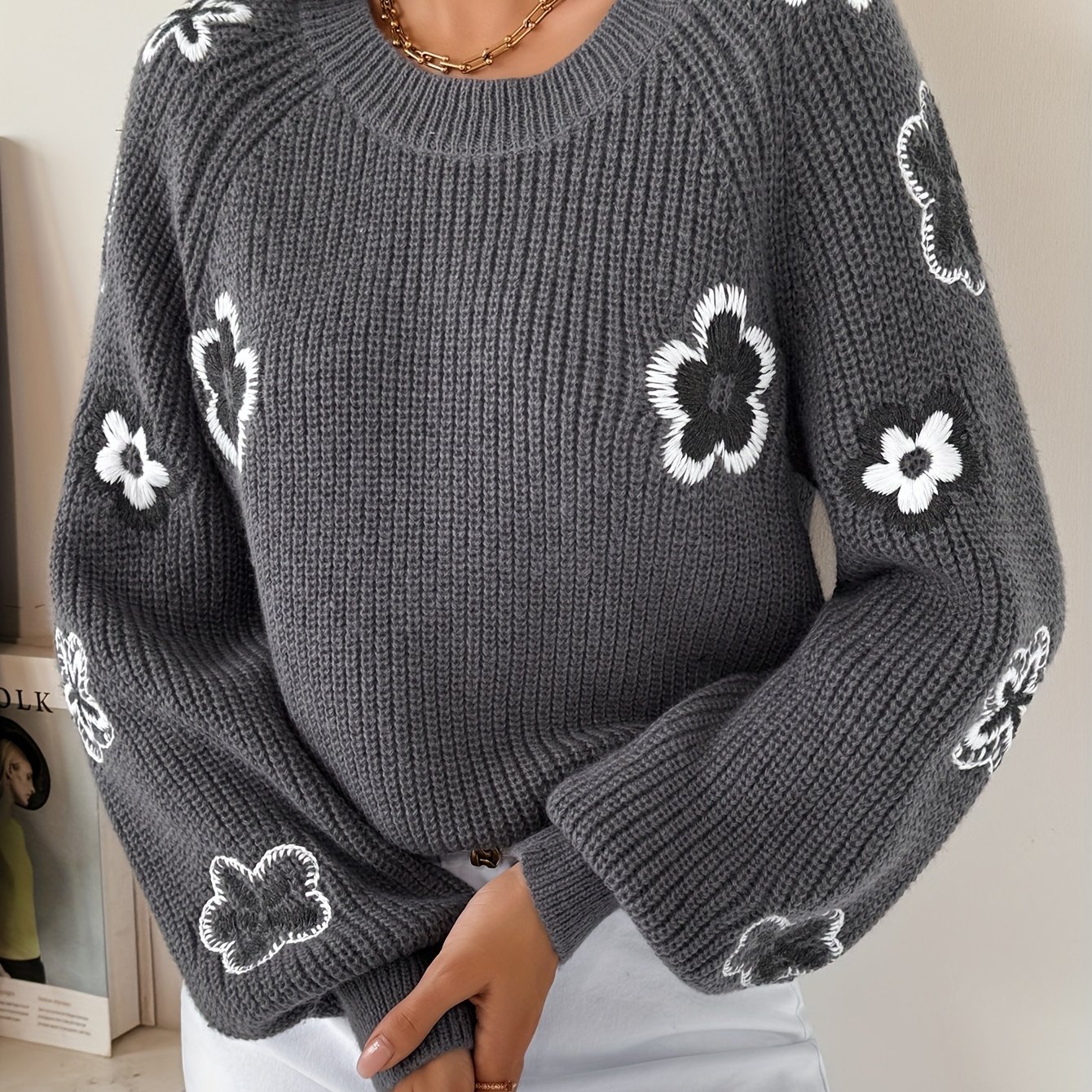 TEMU Pull Femme Automne Hiver Manches Longues Broderie Col Rond