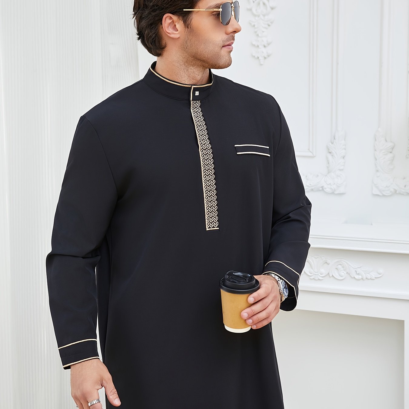 Image of 1pc Men's Spring Autumn Arab Style Middle Eastern Traditional Cultural Dress Black Easy Elegant Long Sleeve Round Neck Eid Al-fitr Eid Arab Robe