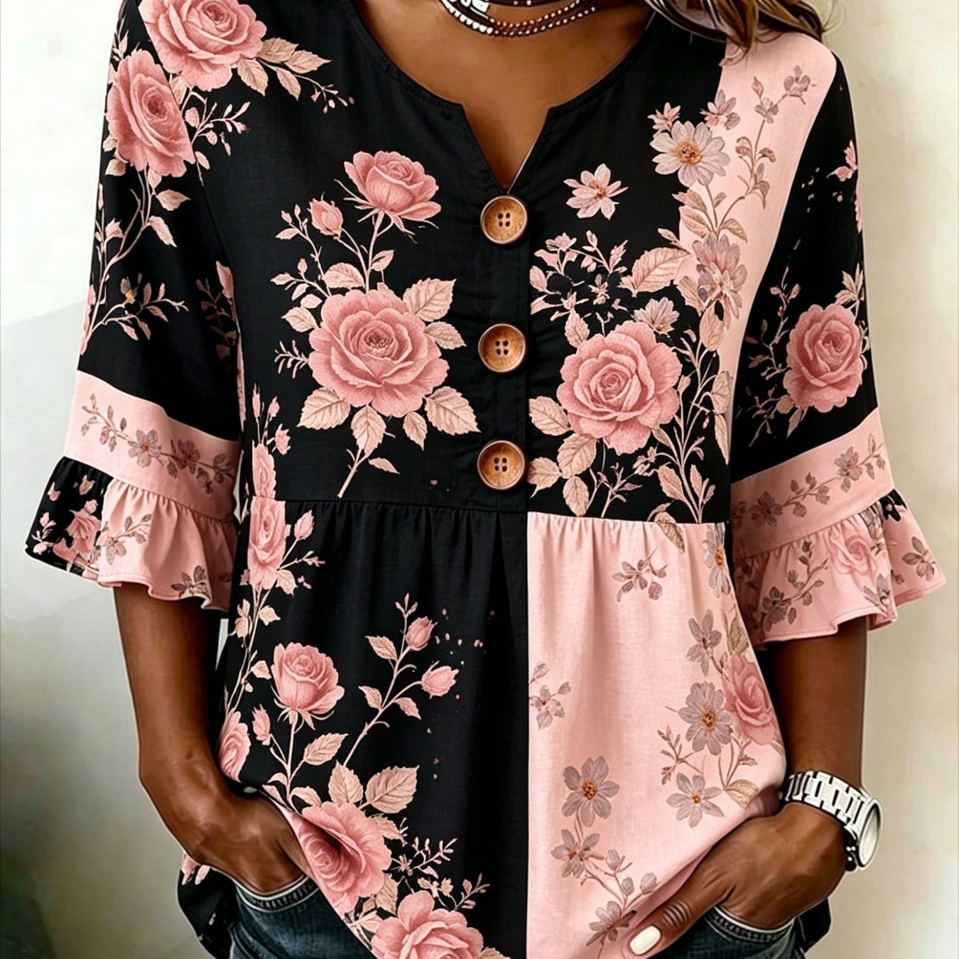 Image of Plus Size - Black Block Rose Floral Spliced V-neck Wooden Button 3/4 Sleeve Ruffle Top, Retro Gentle Loose Hide Versatile Casual Blouse, Spring Summer Travel Commuter Atmosphere Women Floral Shirt
