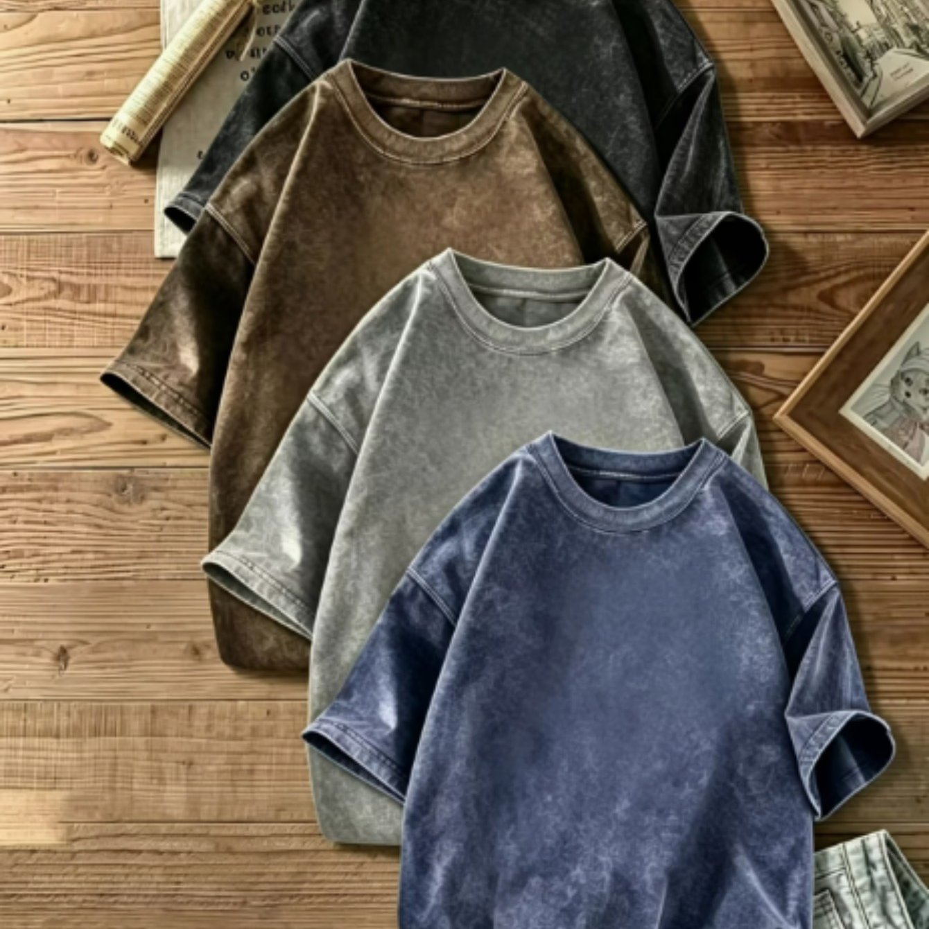 TEMU Father And Son4pcs Set Of Vintage Washed -shirts, Loose Fit, Distressed Street Style Casual Short-sleeve Tops, Versatile . Sizes S-2xl, For