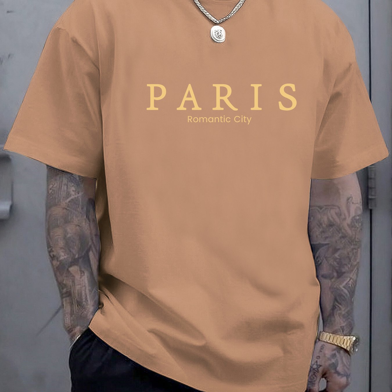 TEMU Paris Print, Men's Round Crew Neck Short Sleeve, Simple Style Tee Fashion Regular Fit T-shirt, Casual Comfy Breathable Top For Spring Summer Holiday Leisure Vacation Men's Clothing As Gift