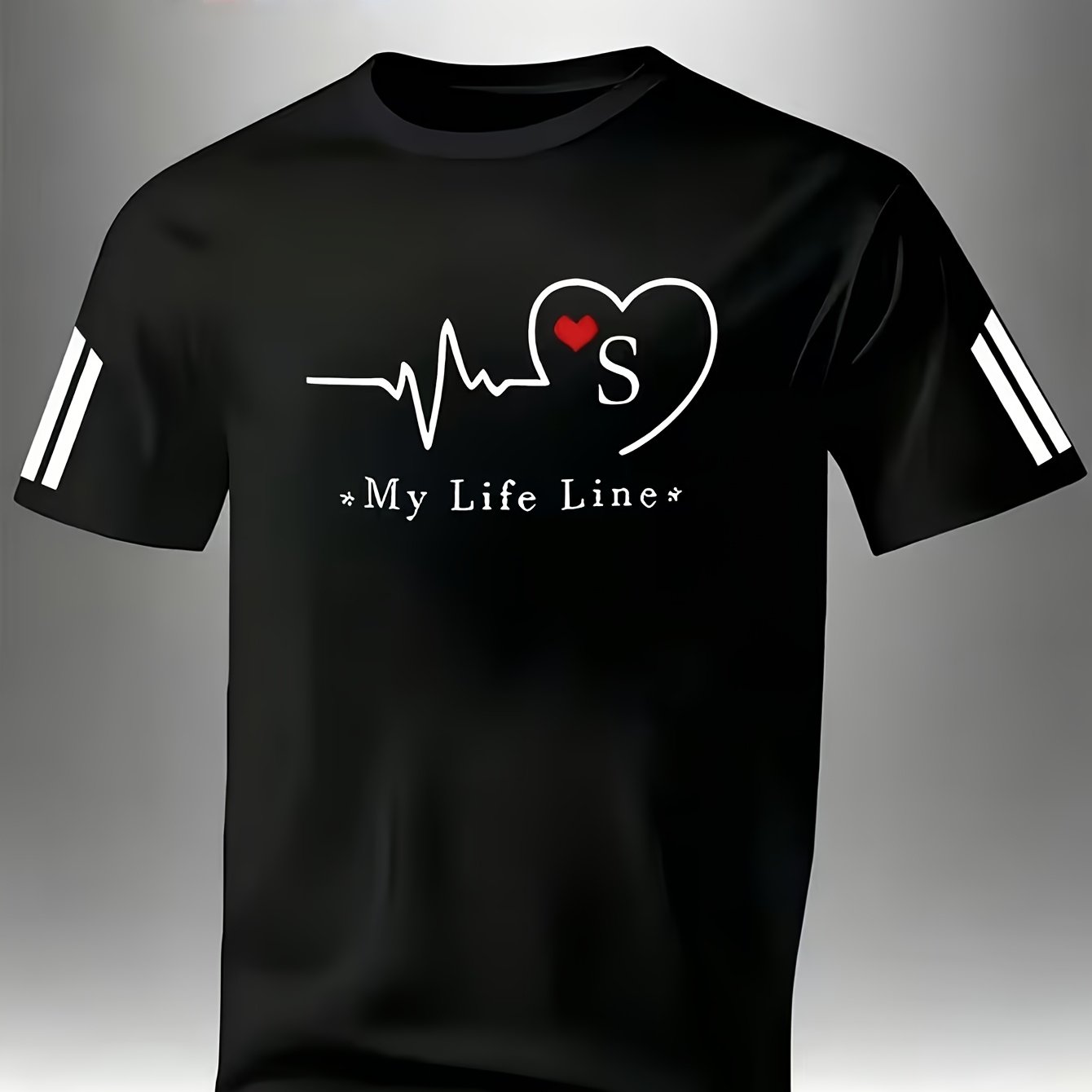 TEMU Men's Casual T-shirt - Lightweight Round Neck Short Sleeve, Creative Fashion Design "cool Heart Ecg Letters My Life Line" With 2 Stripes On