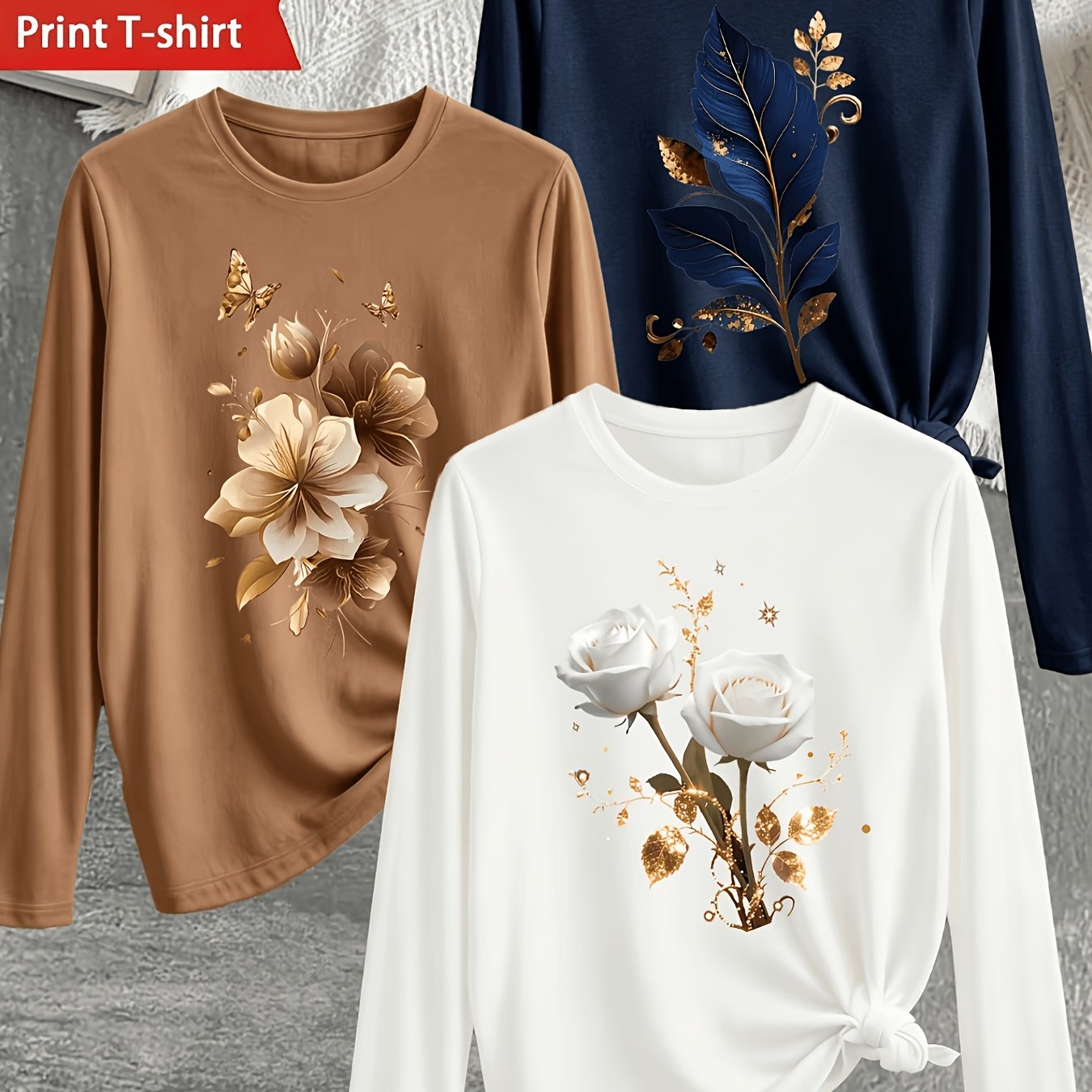 TEMU 3pcs Women's Spring/autumn Sports T-shirt, Round Neck Vintage Floral Print Long Sleeve Casual Base Tee