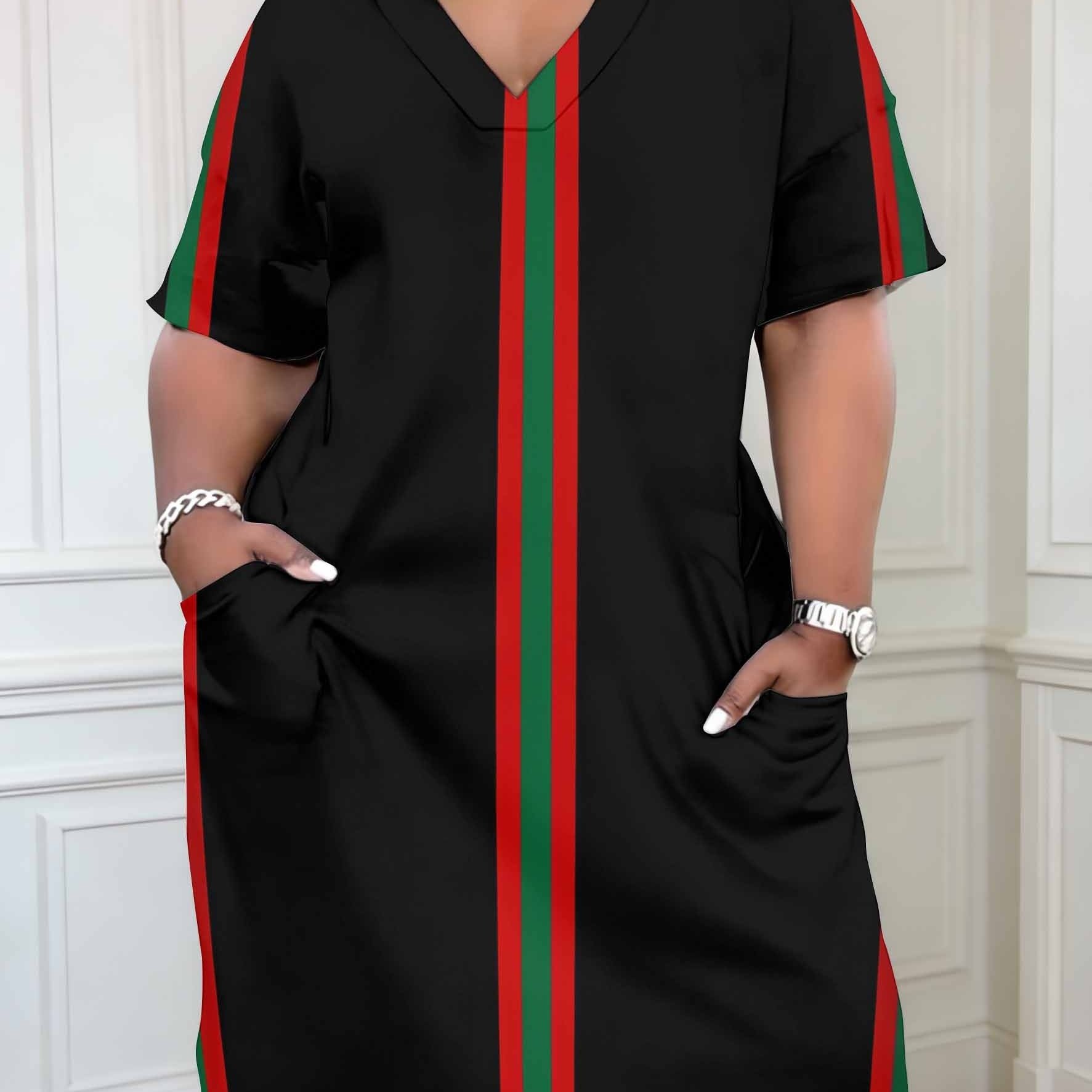 TEMU Plus Size Women's Casual Dress - Women's Printing Lady Summer Dress V Neck Style Dresses For Women With Pockets Red And Pattern Gift For Her