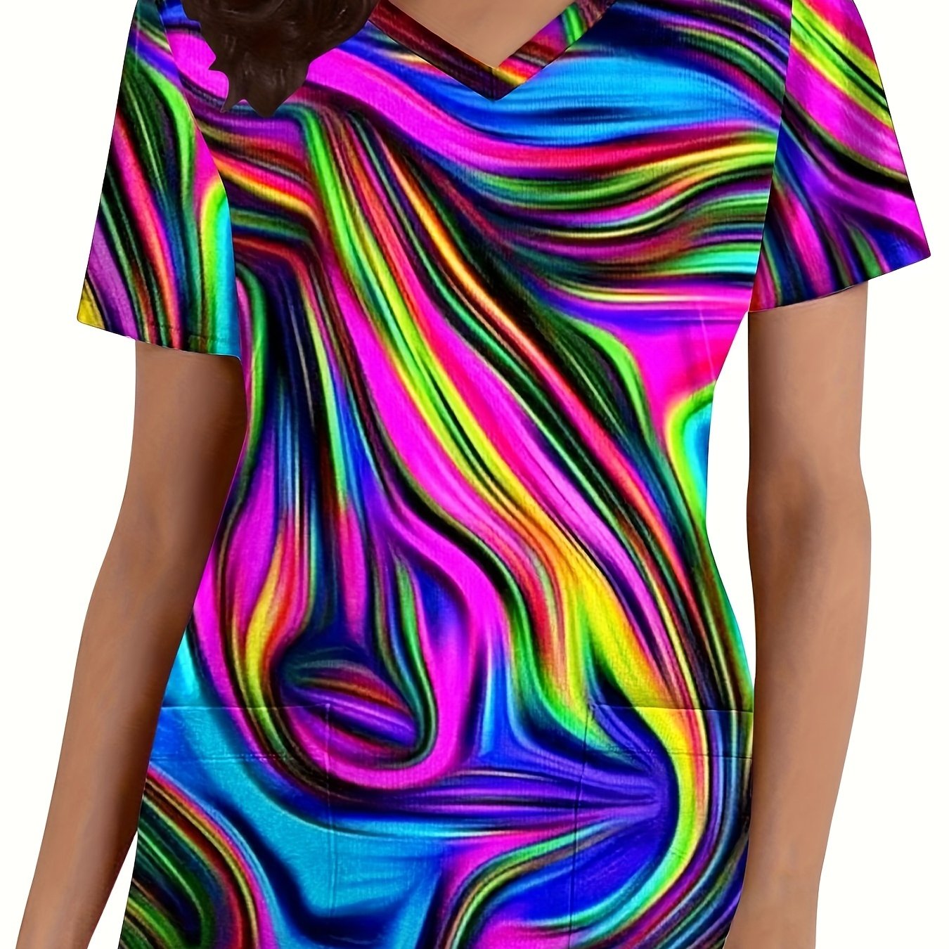 TEMU Women's V-neck Short Sleeve, Multicolor Striped Print Short Sleeve, Functional Women's Nurse T-shirt, Fashion Women's Uniform