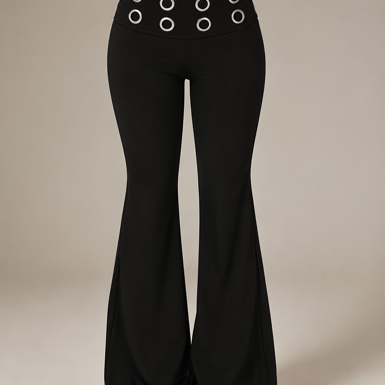 TEMU Women's Autumn Winter Black High-waist Flare Pants, Metal Design Skinny Trousers, Stretch Body-hugging Wide-leg Pants, Western Trendy Y2k Flared